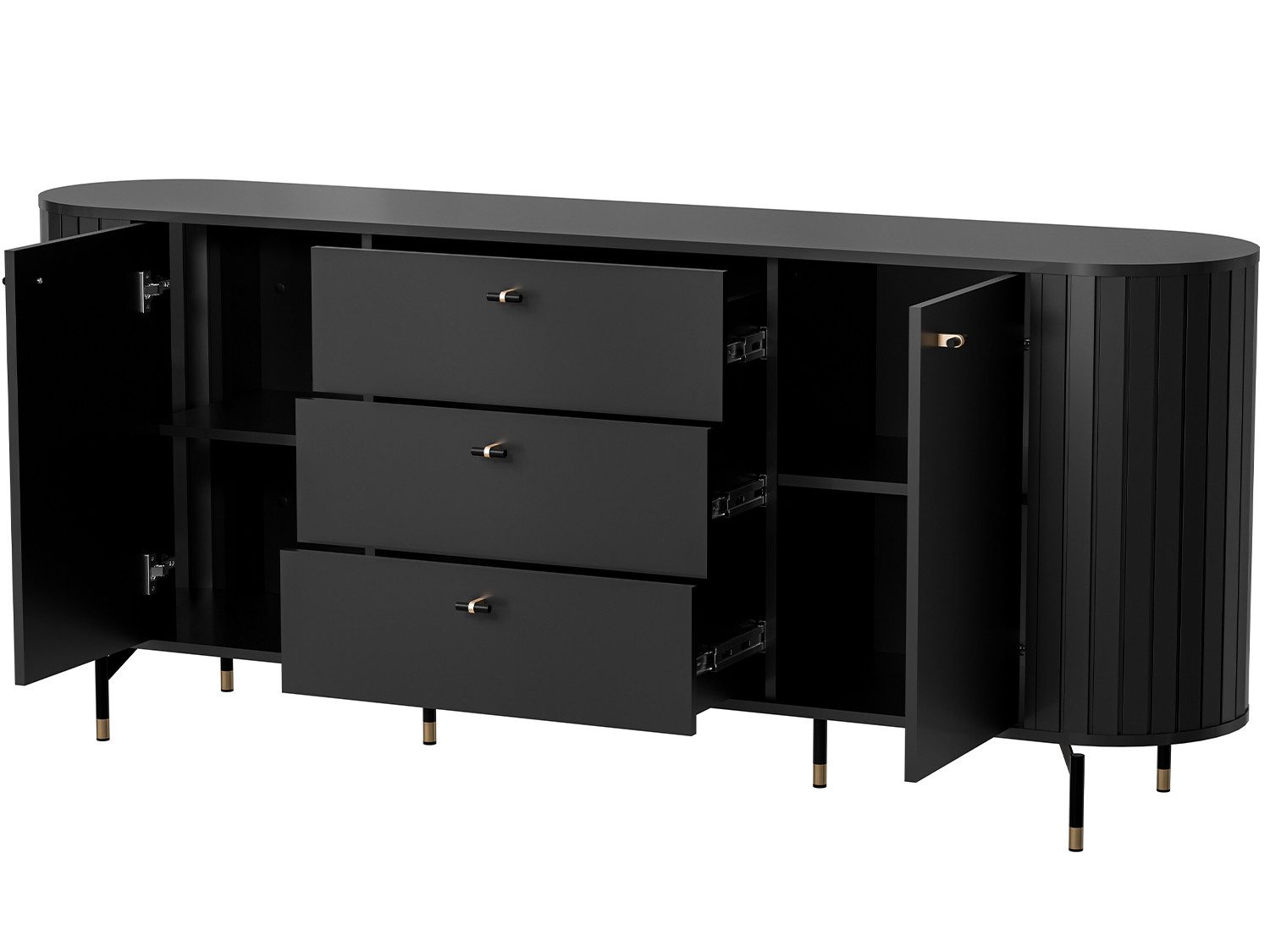 Beautysofa Kommode ZALIA mit 2 Türen und 3 Schubladen (Retro-Design, geriffelte Seiten, Metallbeine mit Goldakzenten), Cashmere oder Schwarz