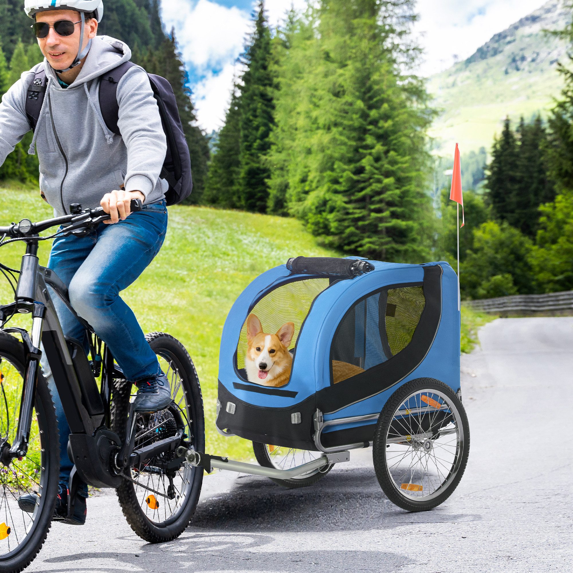 PawHut Fahrradhundeanhänger mit Universalkupplung, Hundeanhänger, Fahrrad, klappbar Fahne, für Garten, Balkon, Blau+Schwarz