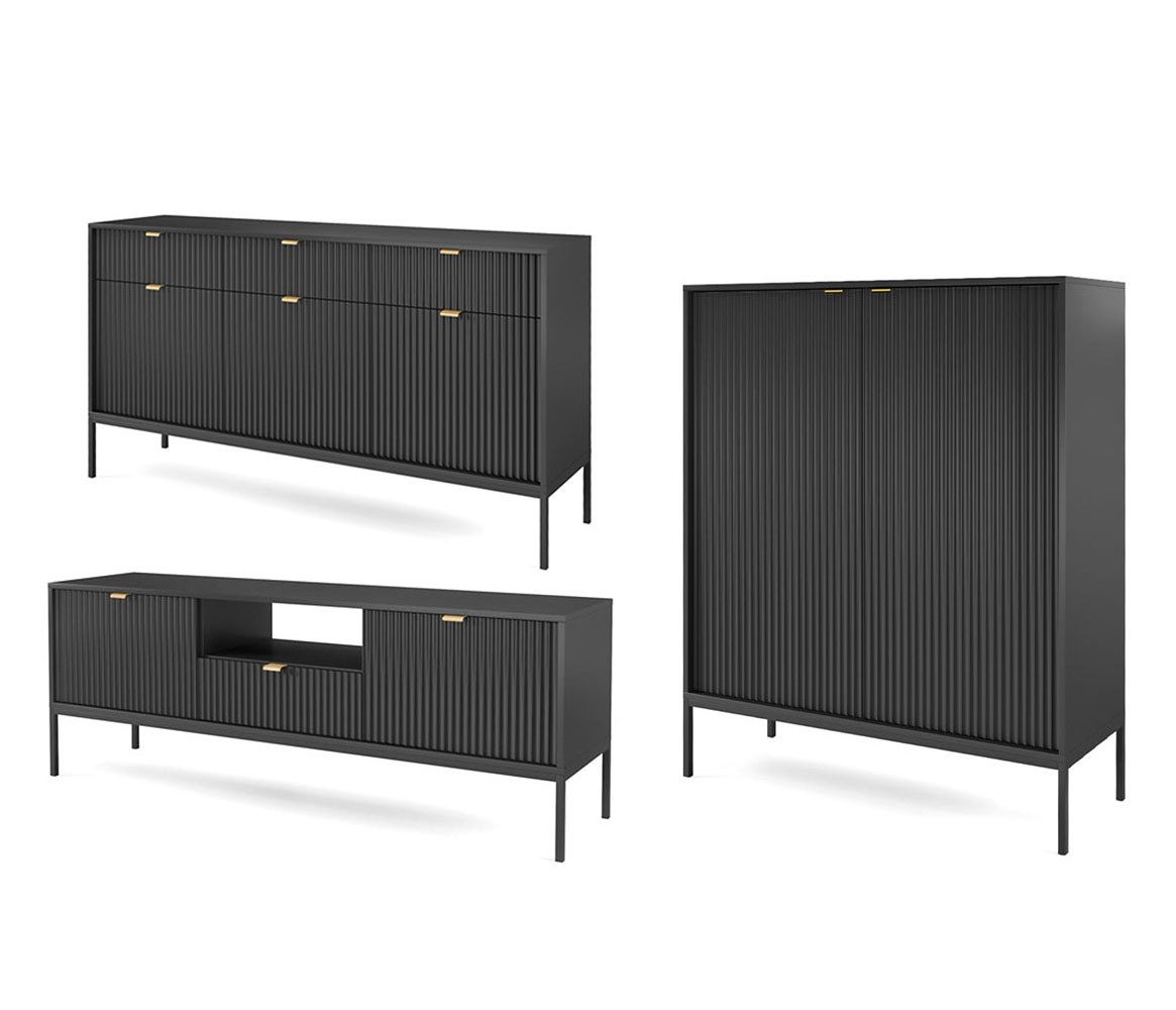 Feldmann-Wohnen Wohnwand Nova, (1 Lowboard, 1 Sidebaord, 1 Highboard, 3-St., Riffel-Optik Front, goldfarbene Metallgriffe, ABS-Kanten), 3-teilig MDF Schwarz