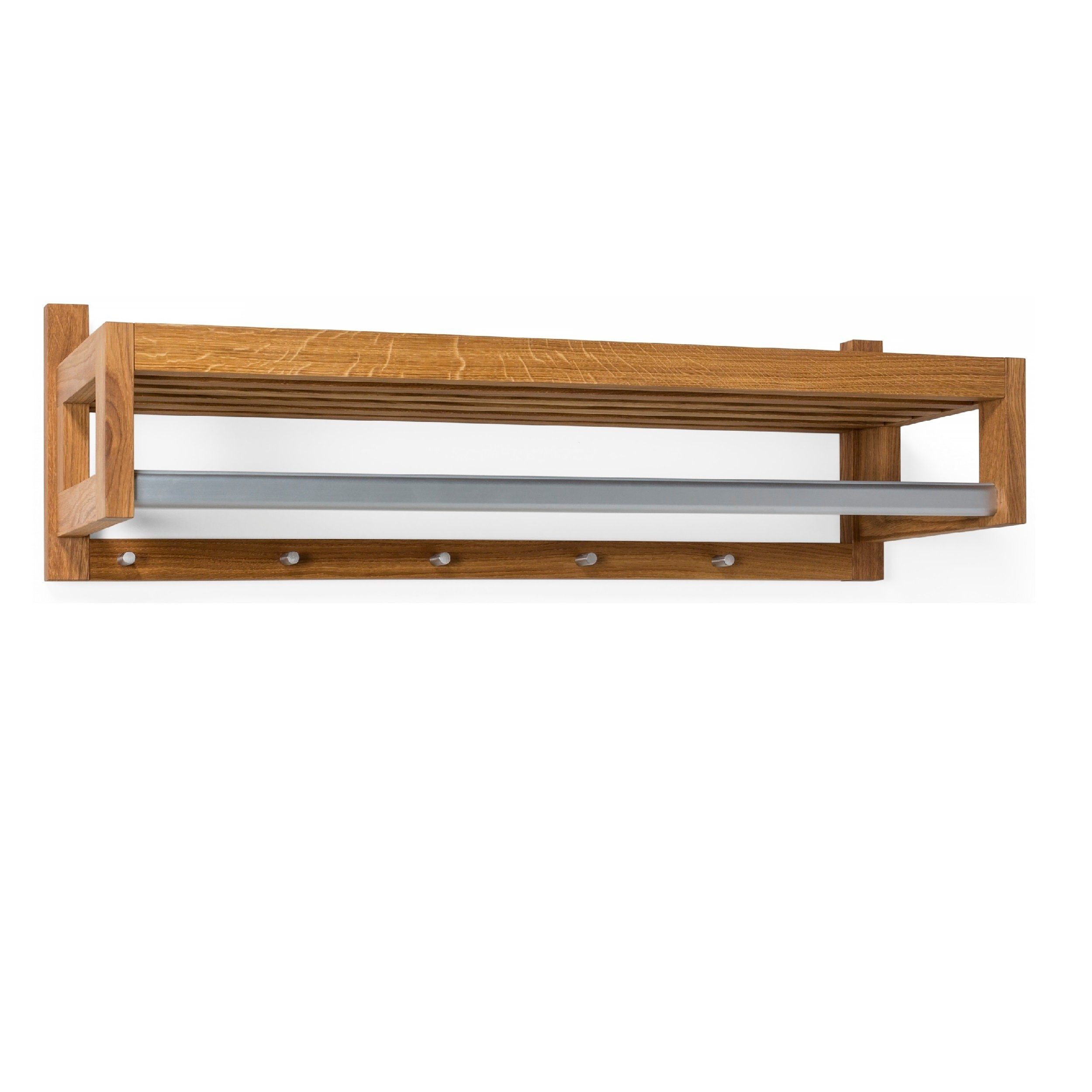 Woodek Design Wandgarderobe BO mit 5 Haken, Modernes Wandregal, H 26 x B 80 x T 26 cm (Flurgarderobe aus geöltem Eichenholz und Metall, 1 St., skandinavische Kleiderhaken mit Regal), funktionales und minimalistisches Garderobenpaneel