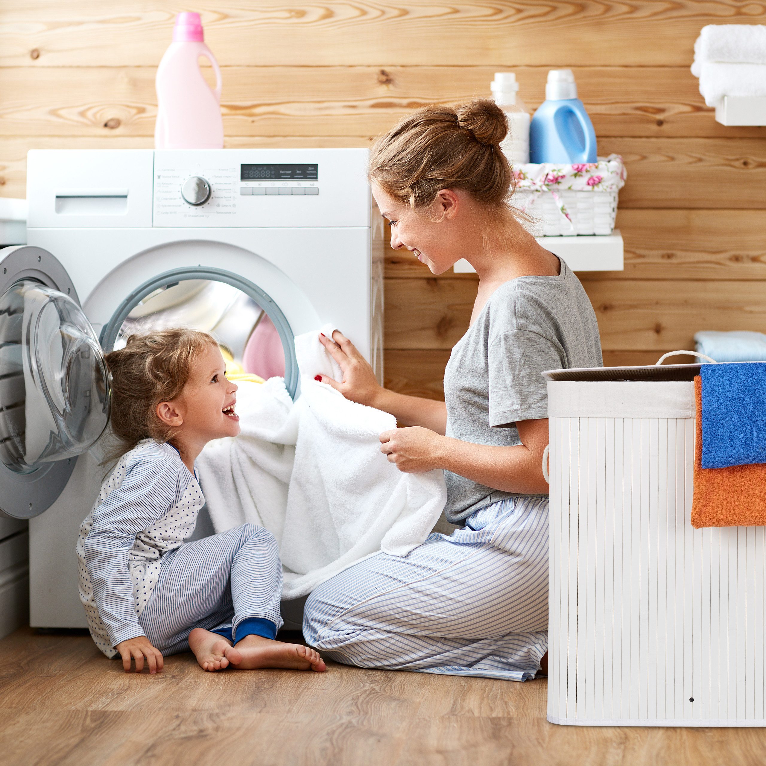 relaxdays Wäschesortierer Wäschekorb Bambus mit 2 Fächern, weiß günstig online kaufen