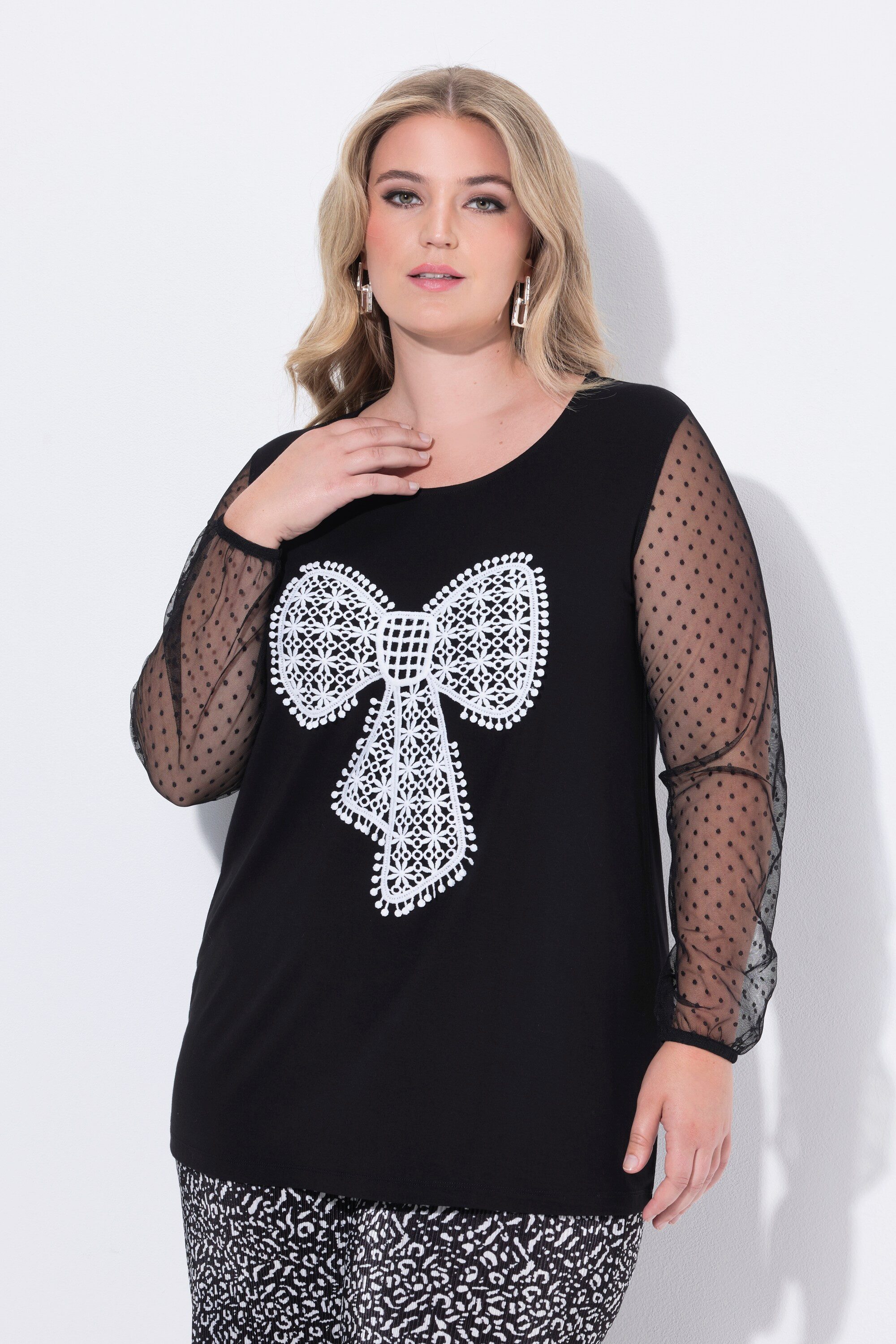 MIAMODA T-Shirt Langarmshirt A-Linie Zierschleife Mesh-Ärmel