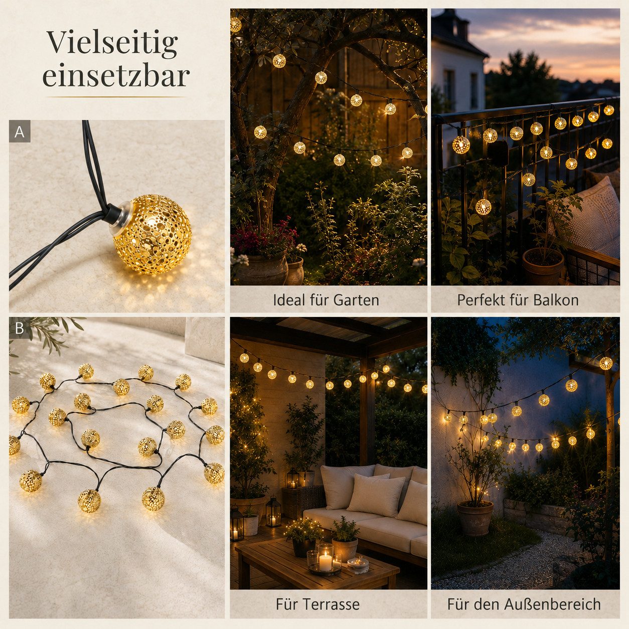 Fyrove LED Solarleuchte Outdoor Lichterkette LED Kugel-Lichterkette für Garten 5 M 20 Lampen, gartendek, solar lichterkette für außen, Warmweiß, Garten Led Lamp – Bild 4 von 5