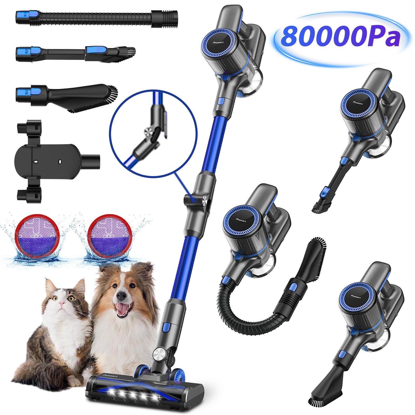 POWEART Akku-Hand-und Stielstaubsauger Akku Staubsauger 80000Pa/60 Min/1,8 L Staubsauger Kabellos, mit Beutel, 50dB leise/6-Stufen-Filter/LED Display, Ideal für Böden/Teppiche/Auto