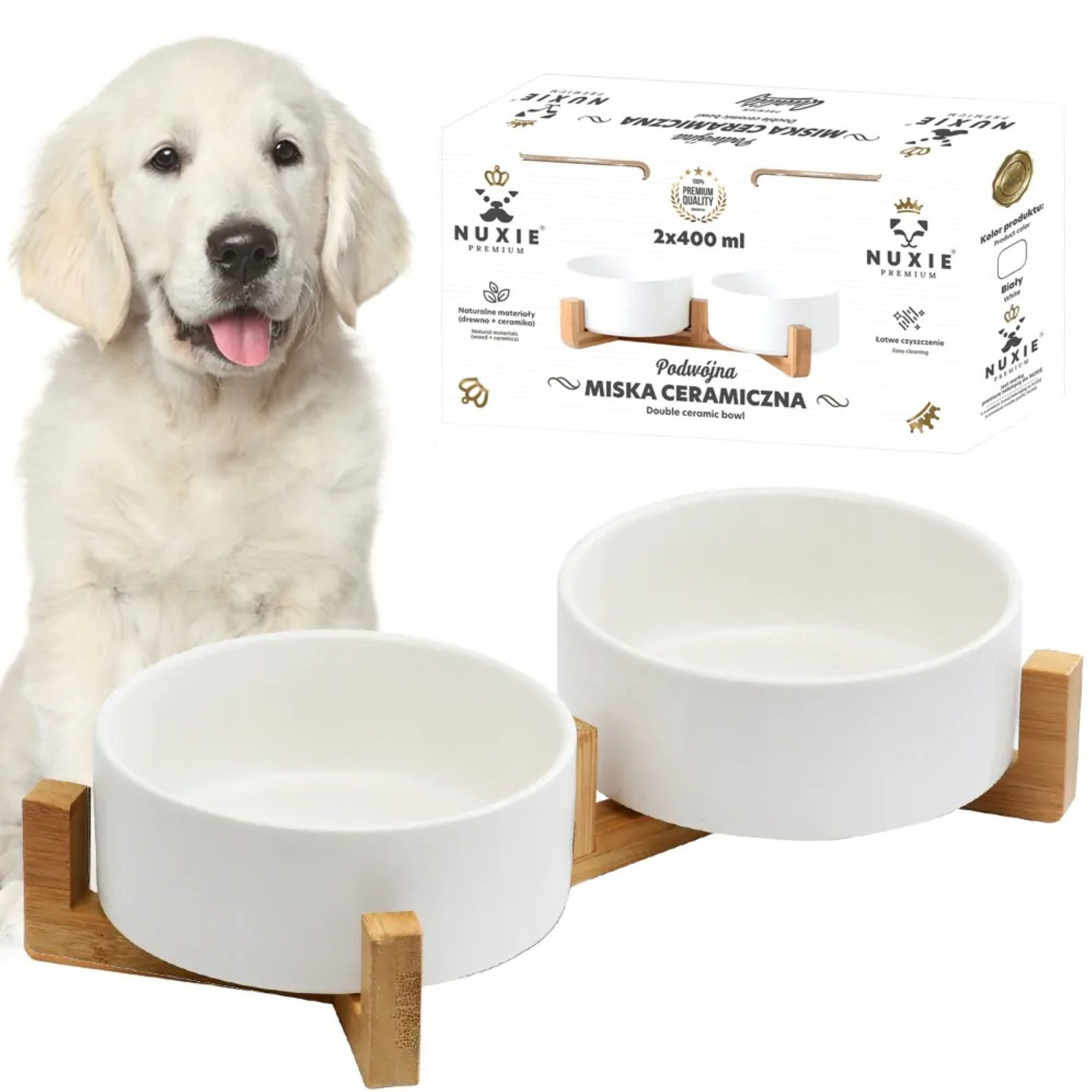 NUXIE PREMIUM Napf-Set Doppelkeramik-Napf auf Bambusständer 2x400ml Haustier Futterstation, Keramik, 2 Keramiknäpfe, Bambusständer, stabil, hygienisch, pflegeleicht