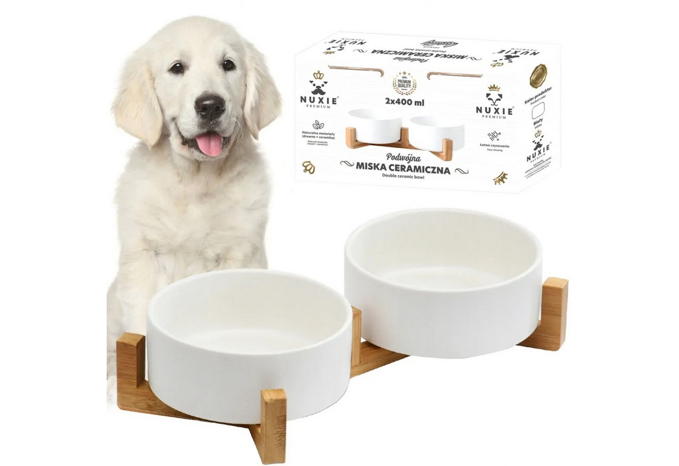 NUXIE PREMIUM Napf-Set Doppelkeramik-Napf auf Bambusständer 2x400ml Haustier Futterstation, Keramik, 2 Keramiknäpfe, Bambusständer, stabil, hygienisch, pflegeleicht