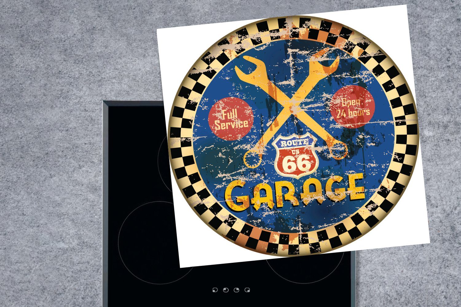cm, 78x78 Vintage Garage Vinyl, Arbeitsplatte Ceranfeldabdeckung, - 66, für Herdblende-/Abdeckplatte (1 - Mancave - MuchoWow tlg), küche Route