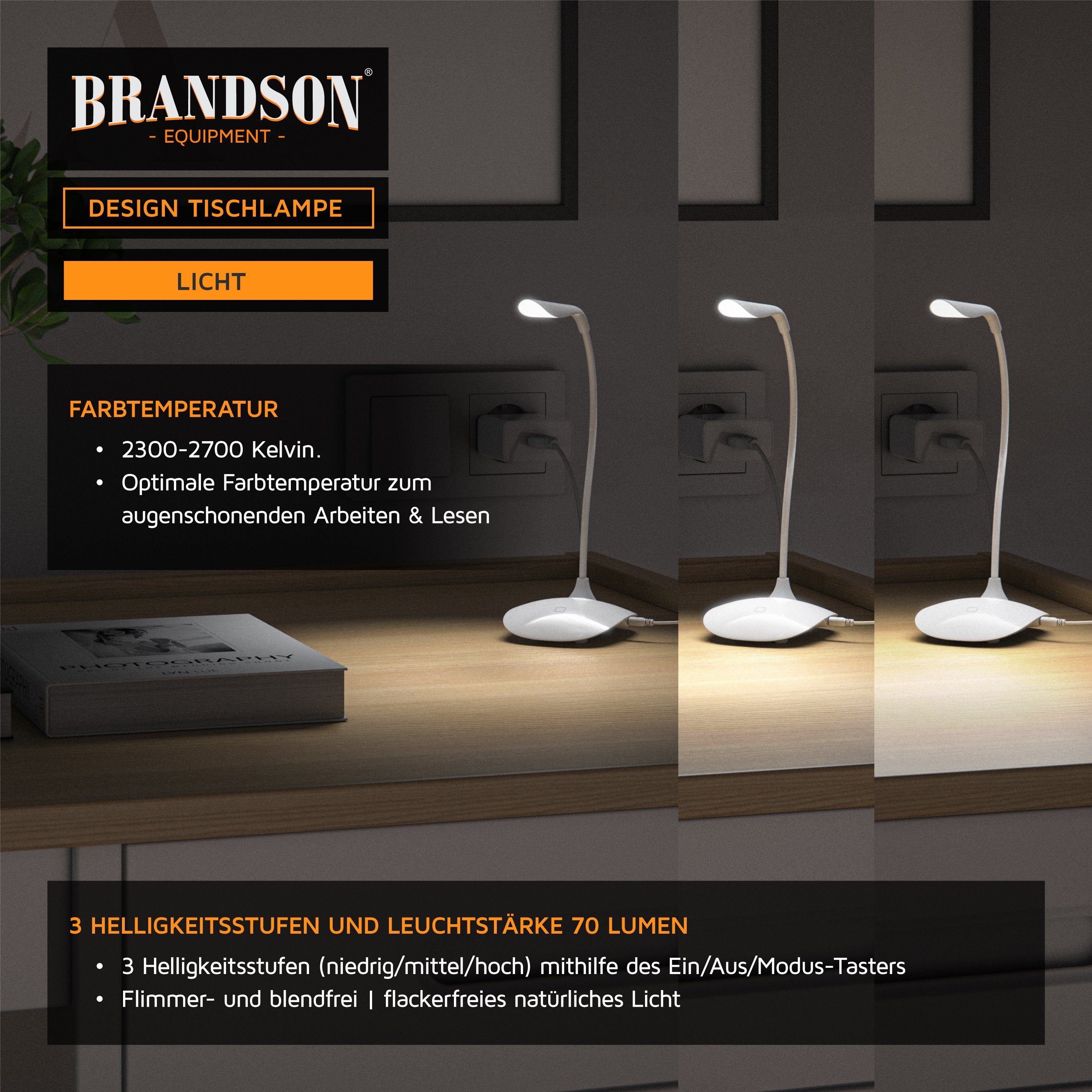 Brandson Schreibtischlampe Bürolampe, Tischleuchte, leuchtstarke 70 Lumen, Energiesparend, 3 Watt, mehrere Helligkeitsstufen, LED fest verbaut, warmweiß, Stroms – Bild 5 von 5