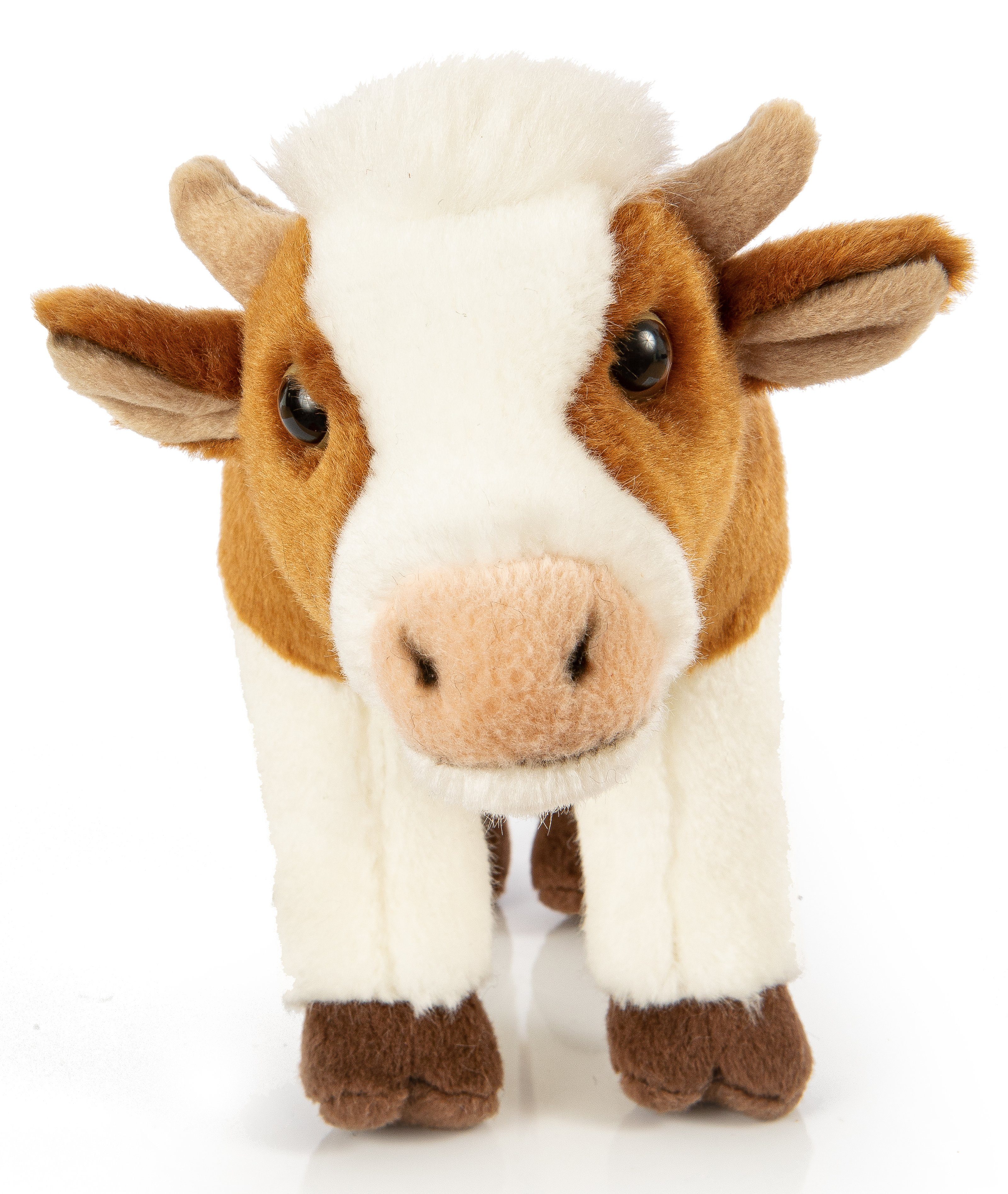 Uni-Toys Kuscheltier Kuh weiß-braun - Mit/ohne Glocke/Muh-Ton - 27cm Länge - Plüschtier, zu 100 % recyceltes Füllmaterial