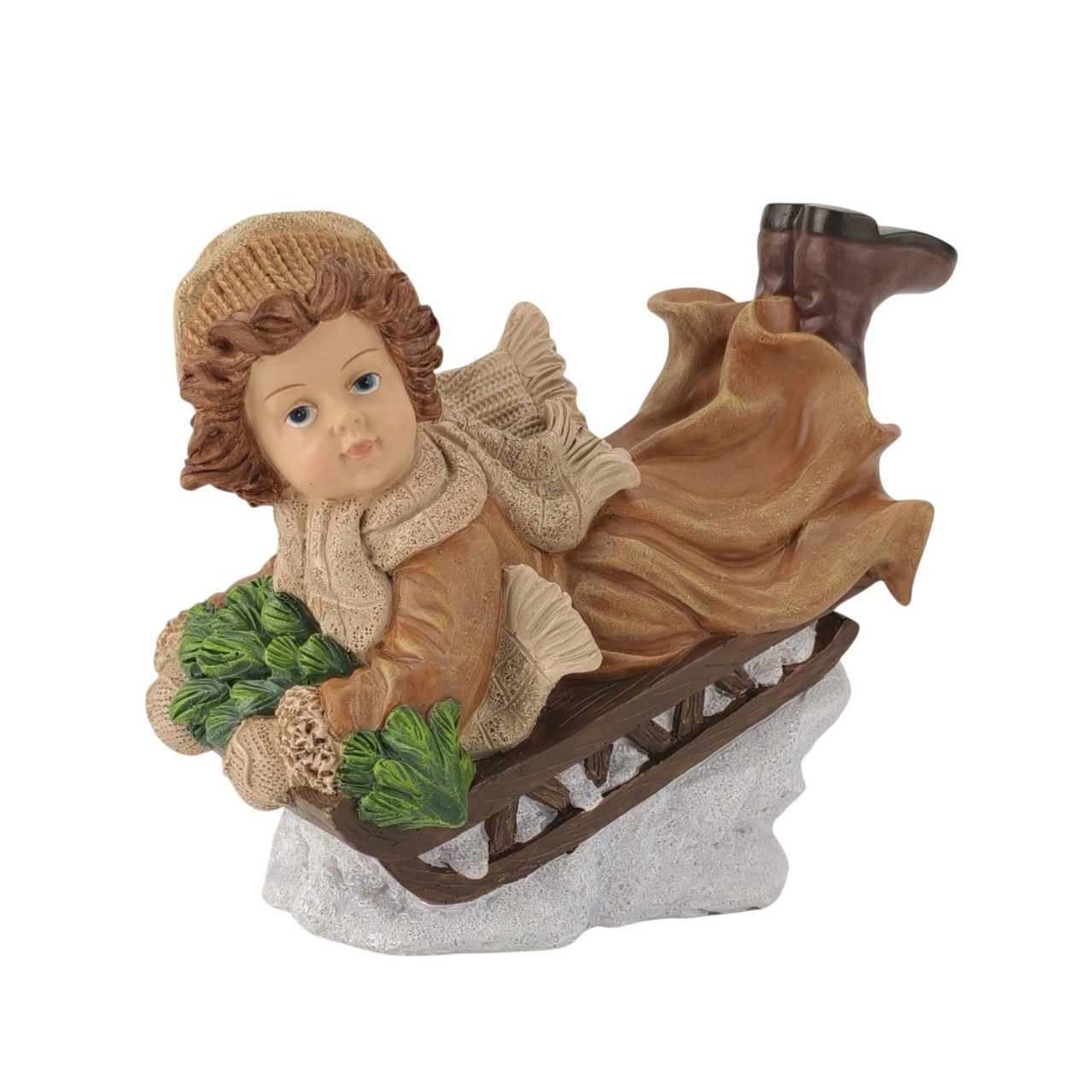 Figurendiscounter Weihnachtsfigur Dekofigur Mädchen auf Schlitten 17,5 x 21 cm
