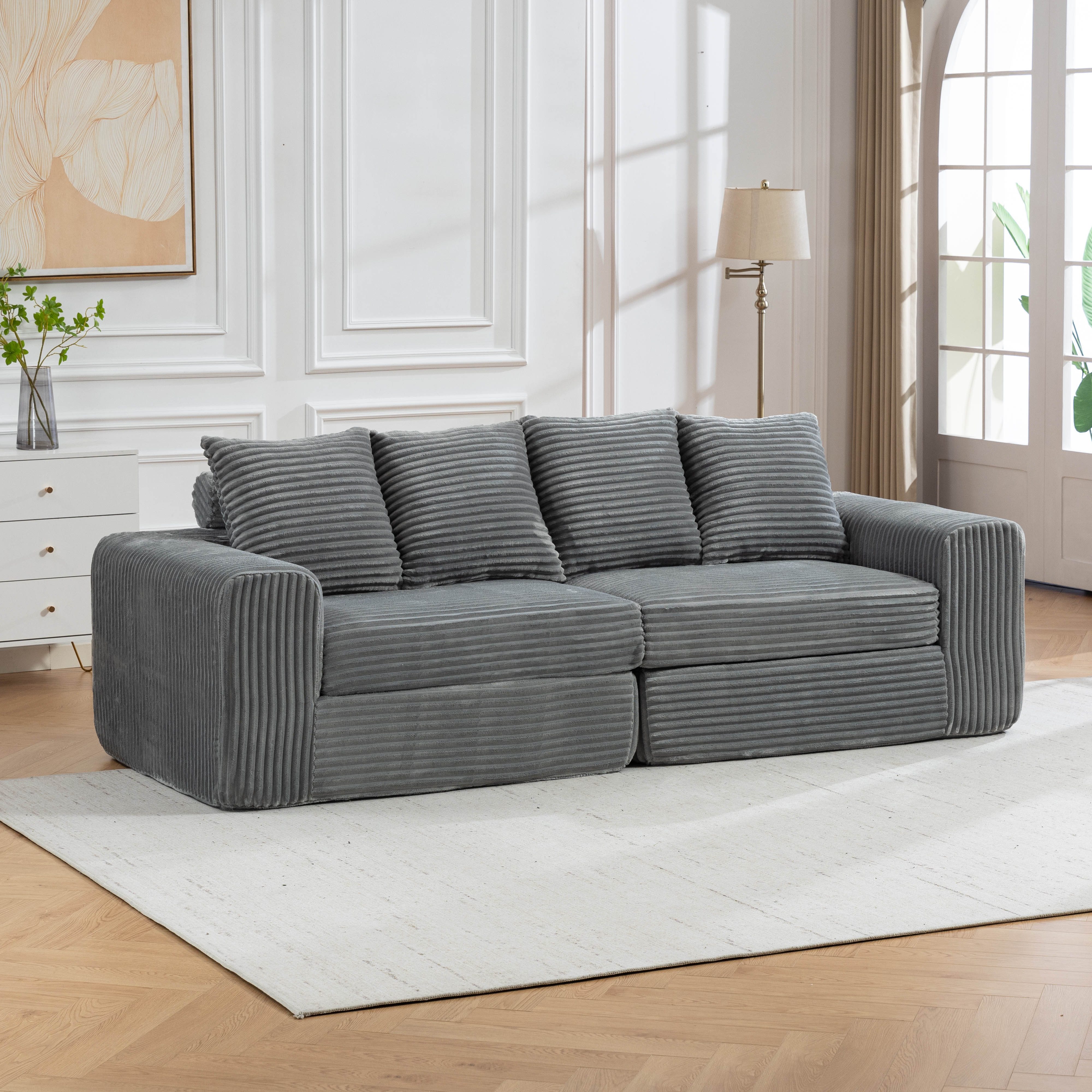 Sinaopus Sofa Modulares 2-Sitzer Cordsofa, wahlweise mit Fußhocker, Breites Wohnzimmer-Sofa mit weichen Kissen und tiefer Sitzfläche