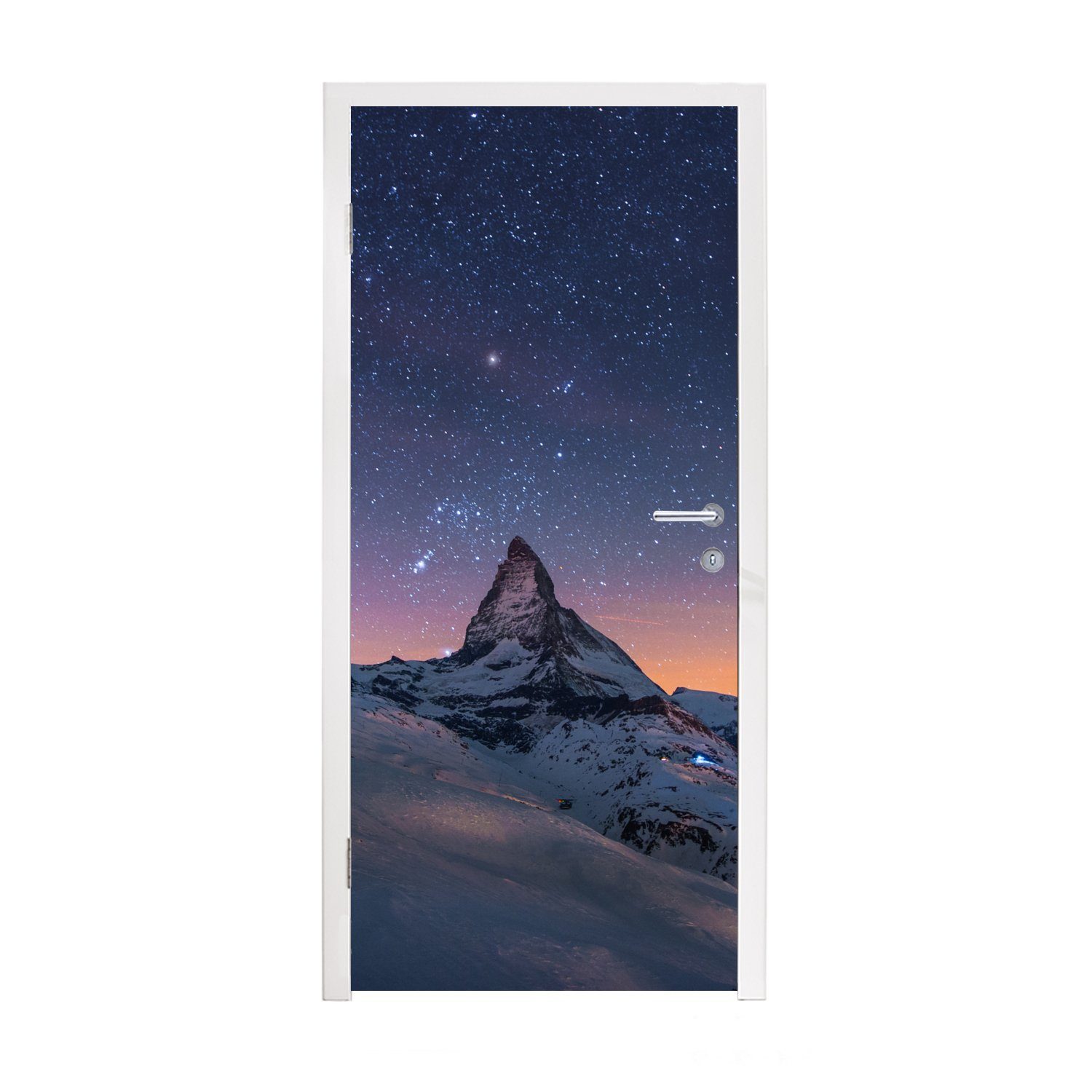 bedruckt, MuchoWow Türaufkleber, Türtapete cm (1 75x205 Winter St), des Tür, Landschaft Matterhorns, Schweizer über für im Fototapete Nacht Matt, der