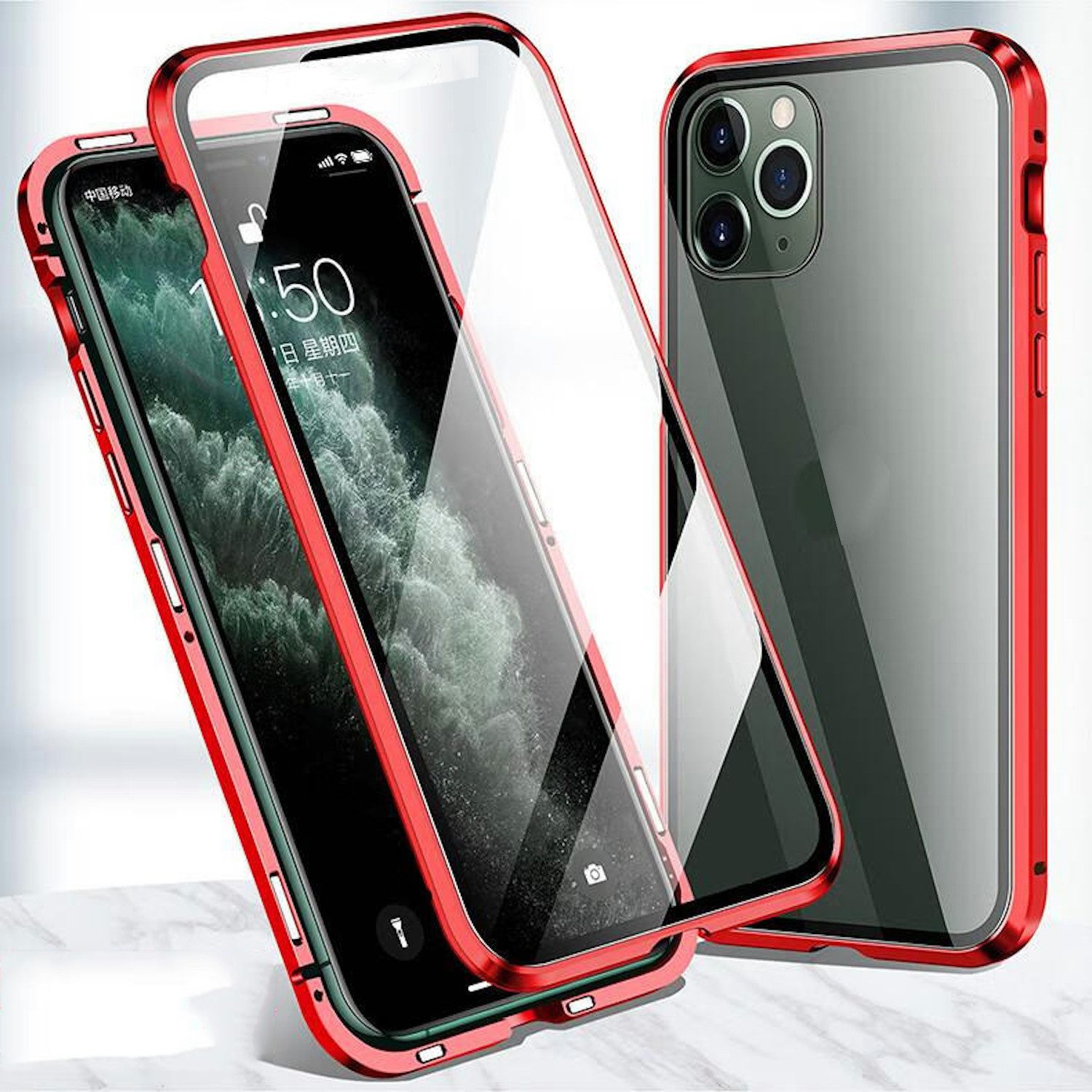 Wigento Handyhülle Für Apple iPhone 16 Beidseitiger 360 Magnet Glas Hülle Bumper Case Rot, Magnetische Metallrahmenhülle mit beidseitigem Hartglas