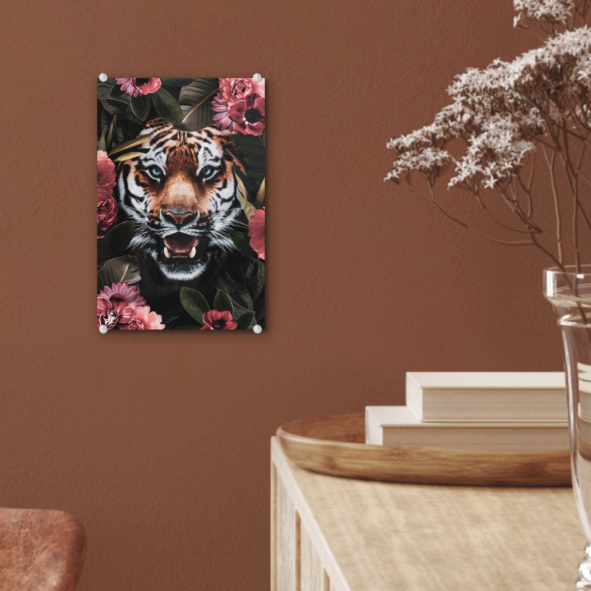 - Pflanzen, Foto Glas Bilder auf auf St), Wanddekoration MuchoWow Tiger Rosa Glasbilder - (1 - - bunt Acrylglasbild Glas - Wandbild
