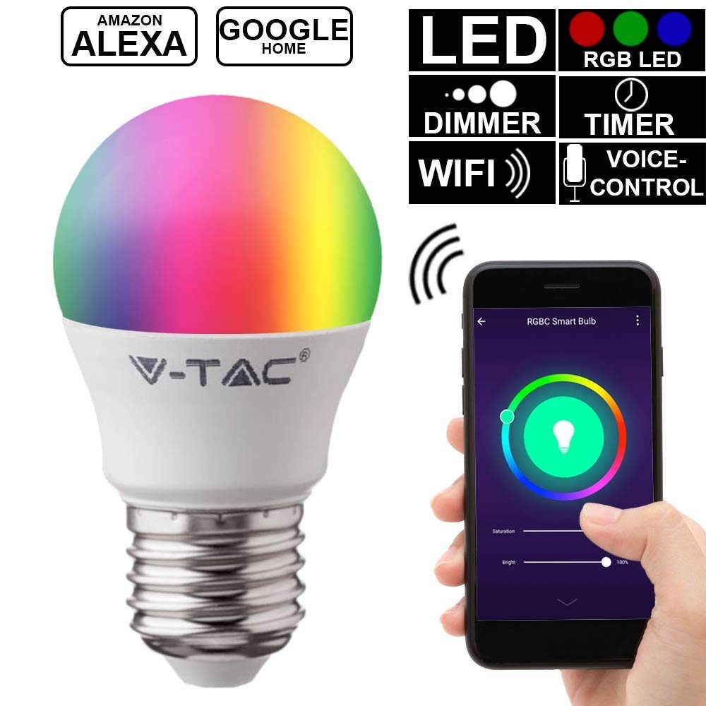 Sprachsteuerung LED-Leuchtmittel, E27 V-TAC Alexa RGB Watt 5 Leuchtmittel Home LED Smart App
