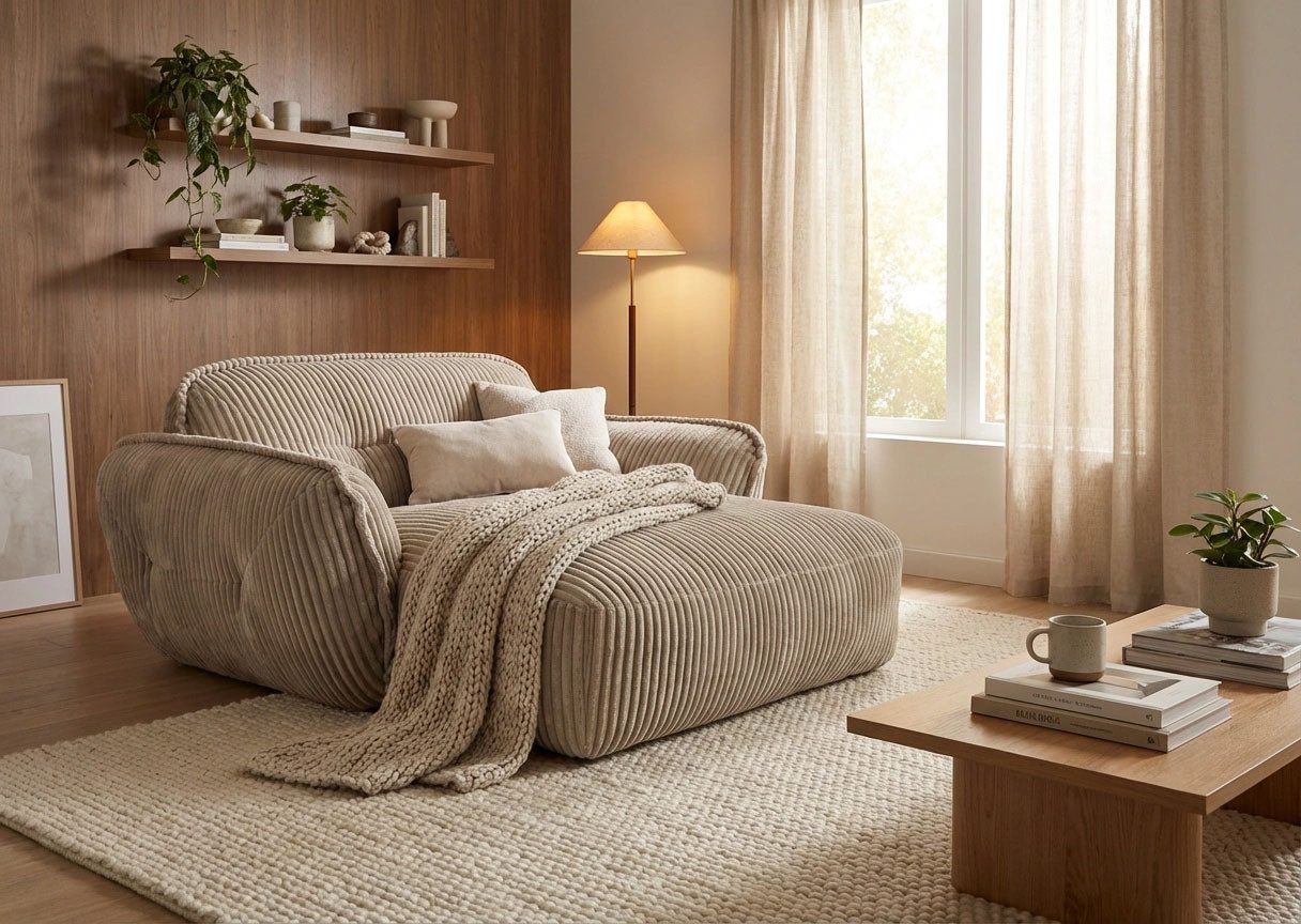 TRENDMANUFAKTUR Chaiselongue Be Fluffy, mit Rundumbezug, Loveseat mit moderner breiter Kedernaht, mit softem Sitzkomfort, in hochwertigem Breitcord mit weicher Haptik