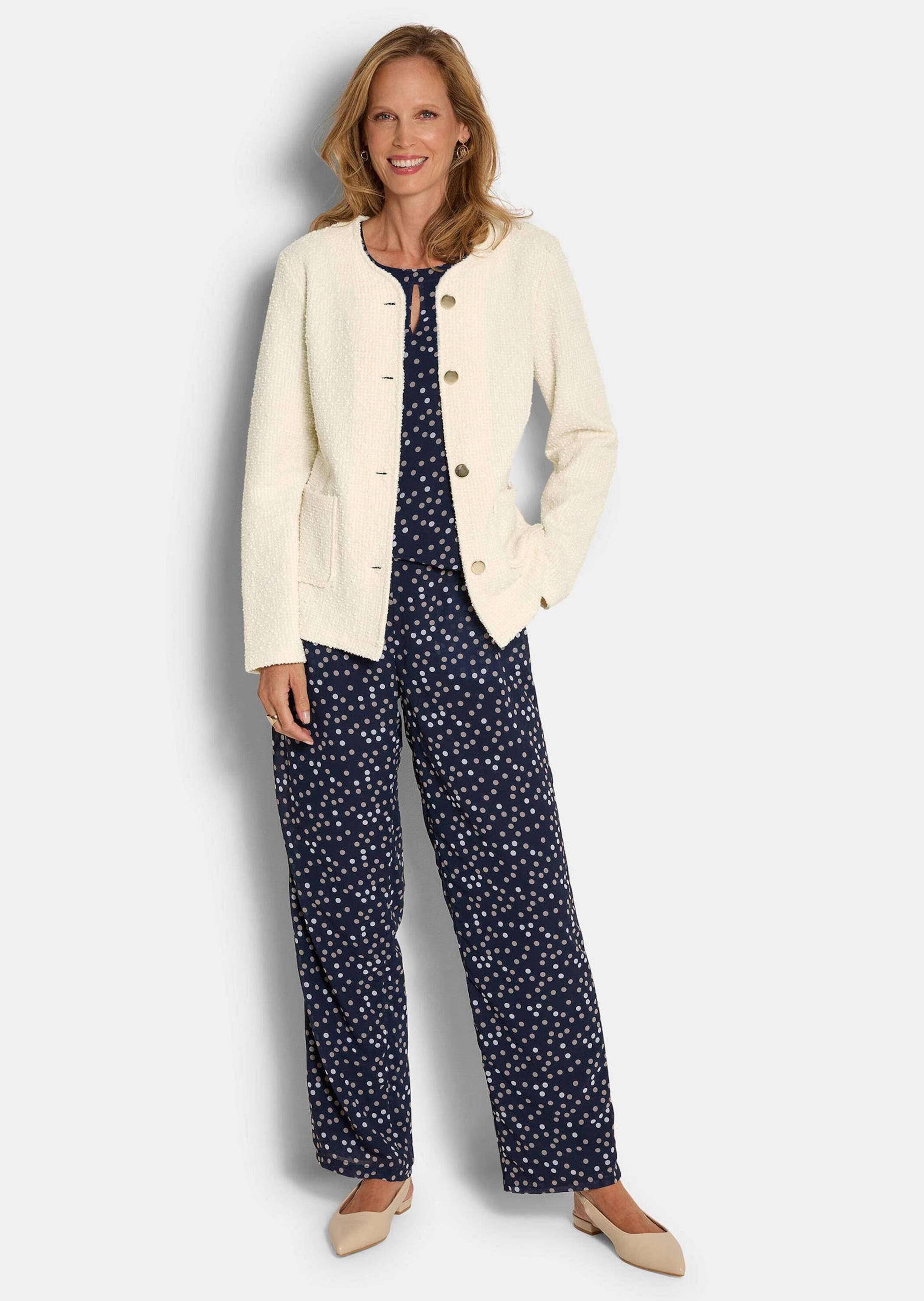 GOLDNER Jerseyblazer Baumwollblazer mit Glanzdetails Businessjacke mit Rundhals, Knopfleiste, Taschen und Langarm
