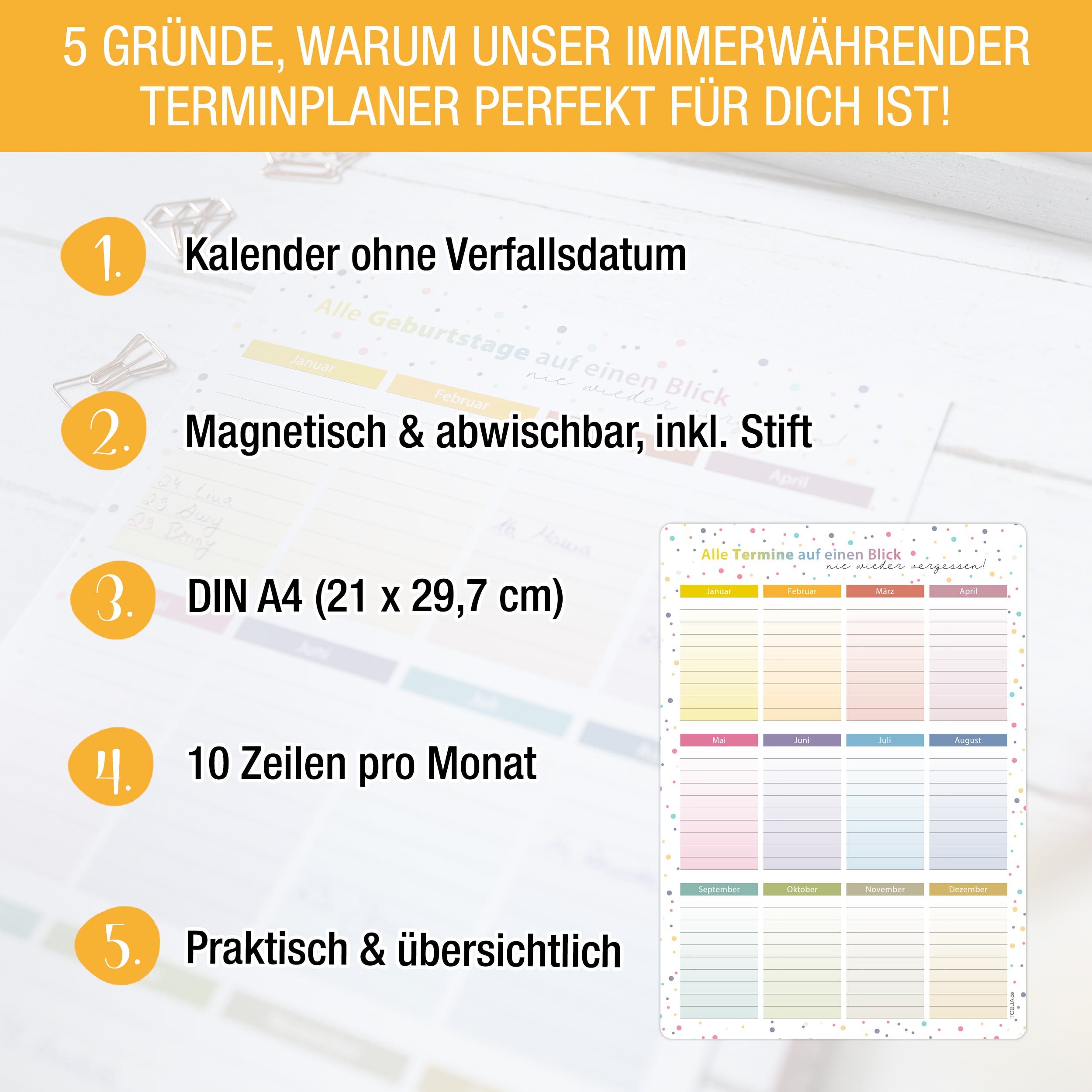 TOBJA Geburtstagskalender Magnetischer Geburtstagskalender A4 inkl. Stift, Jahresunabhängig & abwischbar - Immerwährender Kalender
