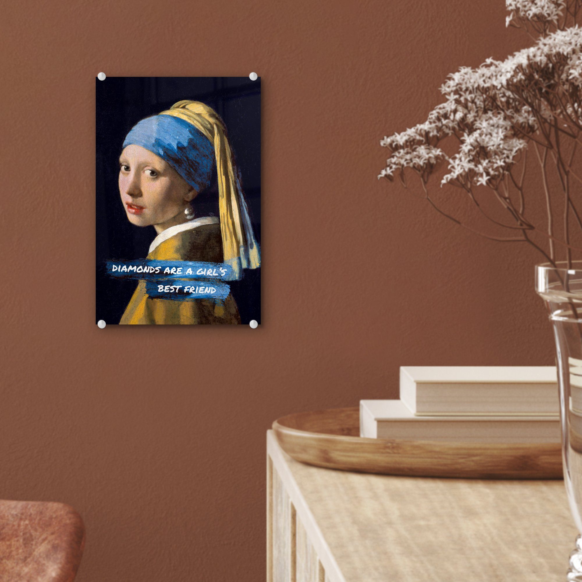 Glas Glas Perlenohrring - Wanddekoration Vermeer MuchoWow Bilder mit Glasbilder (1 Acrylglasbild Wandbild Das - auf Zitat, auf Foto - - - dem Mädchen St),