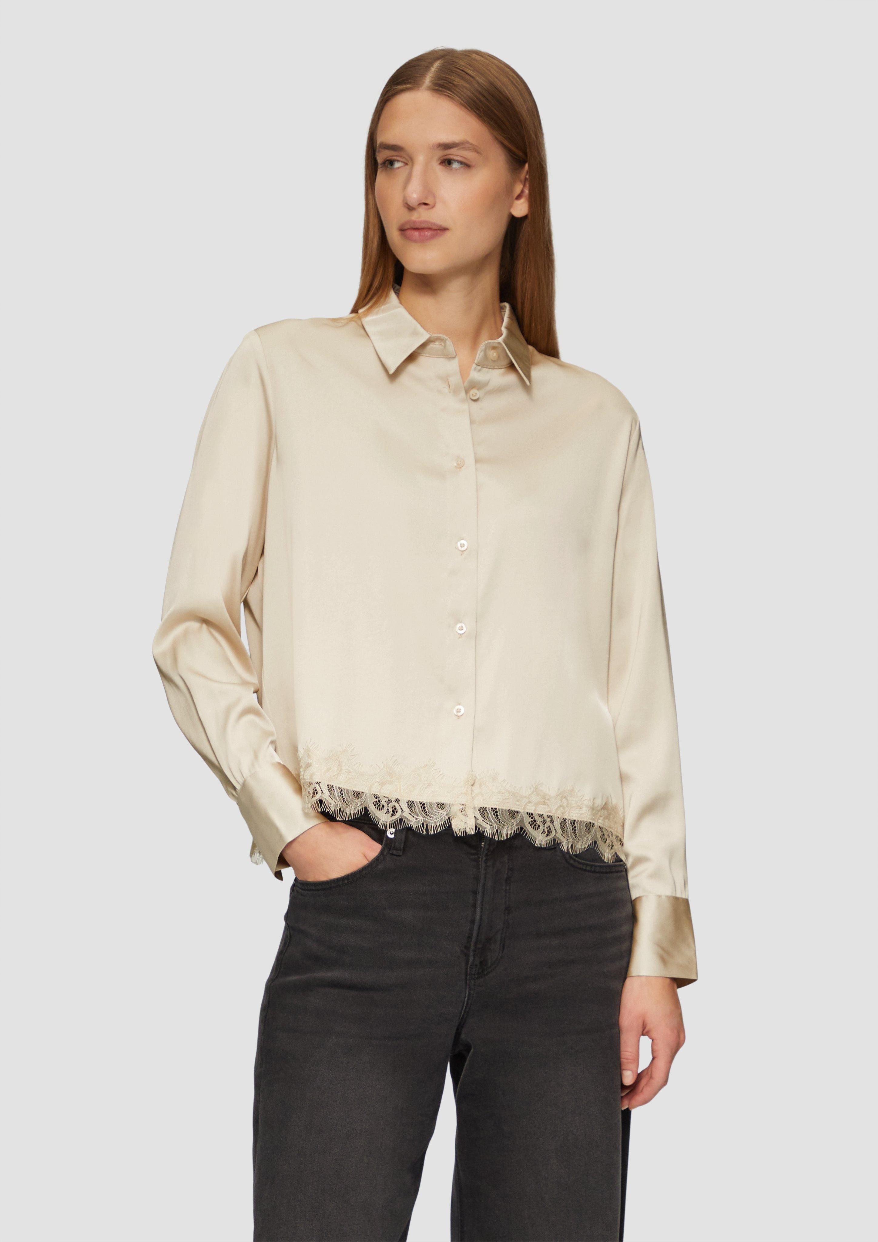 Langarmbluse Satin-Bluse mit Spitzen-Detail