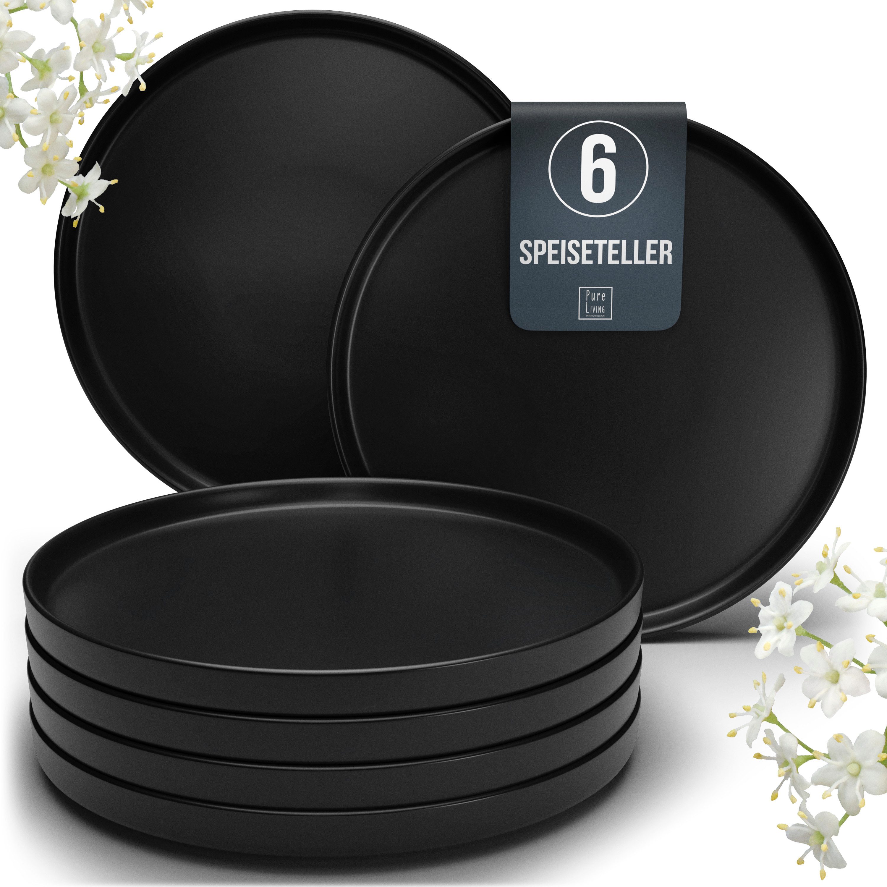PURE LIVING INTERIOR DESIGN Geschirr-Set Manhattan Speisseteller, Dinnerteller, 6er-Set, 26 cm, Schwarz (6-tlg), 6 Personen, Steingut