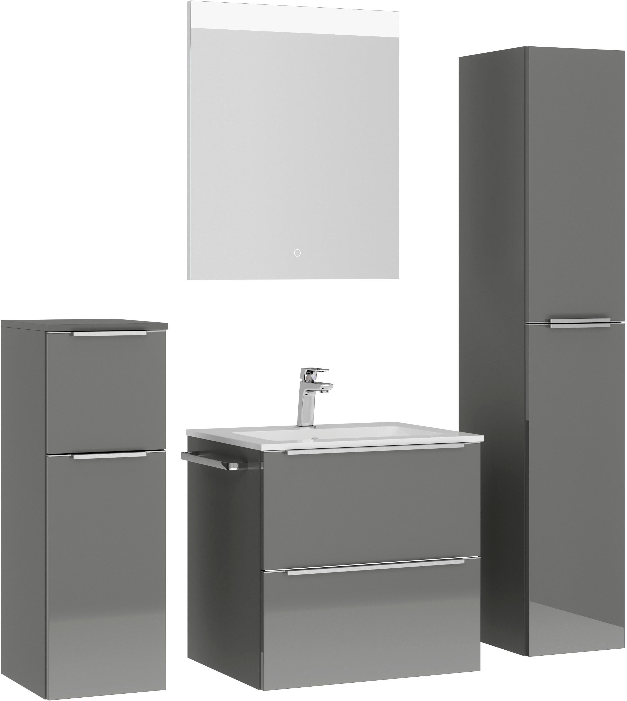 nobilia® Badmöbel-Set Levere, (4-St., vormontiert, mit Soft-Close), Hochglanz, inkl. Spiegel mit Touch-Sensor, in vier Breiten