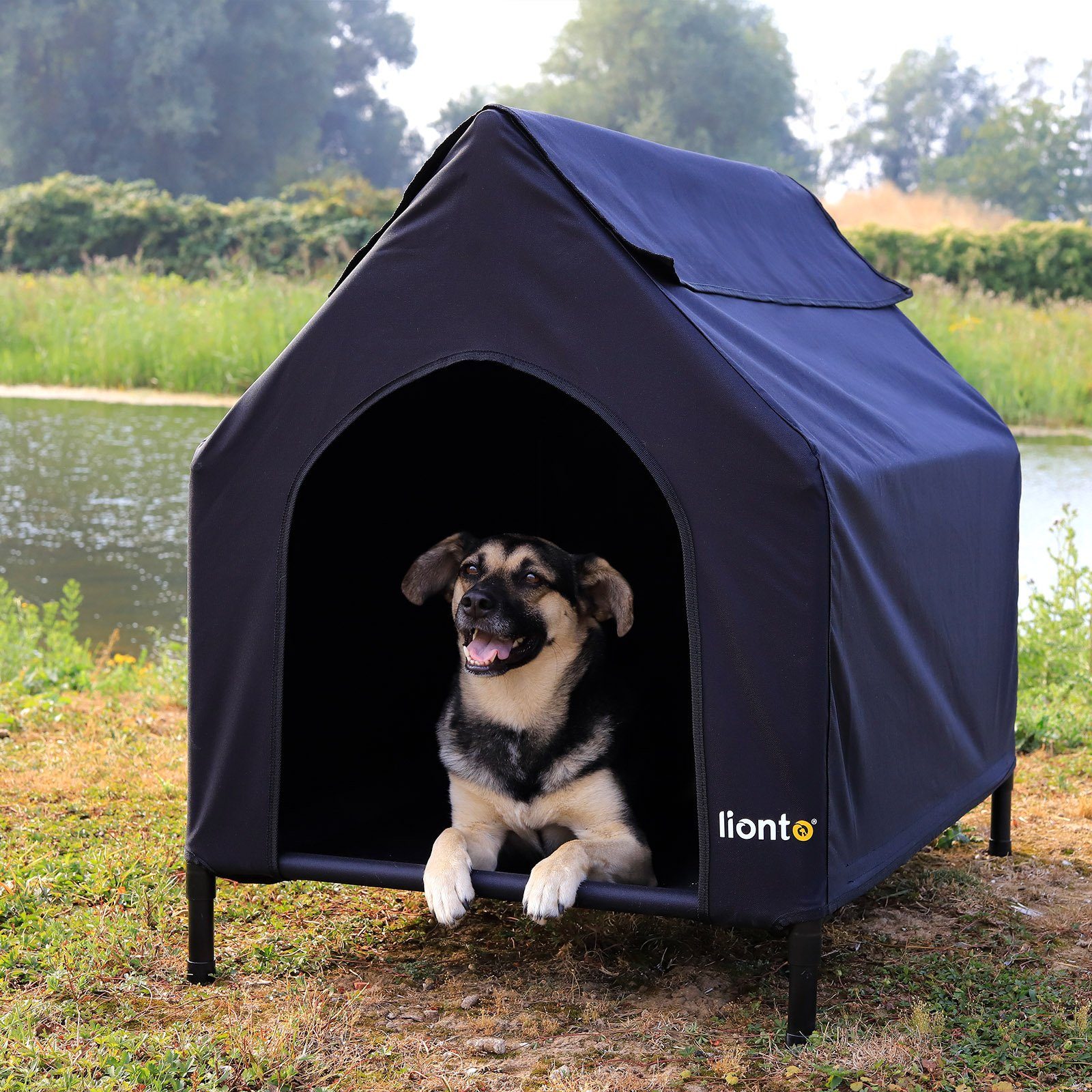 lionto Hundehütte für drinnen & draußen, Hundeliege mit Dach, 90x65x85 cm, schwarz, wetterfester Hundeliegeplatz atmungsaktiv & pflegeleicht