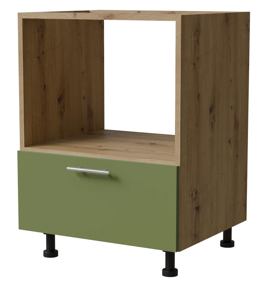 Feldmann-Wohnen Ofenumbauschrank Brerra (1 Gerätefach für Kompaktöfen, 1 Schublade, Blum Metabox Teilauszug, 1-St., moderne Optik, lackierte Fronten, 60x50x82cm, D11K/60/M Kompakt) Eiche Artisan / RAL 6025 farngrün matt