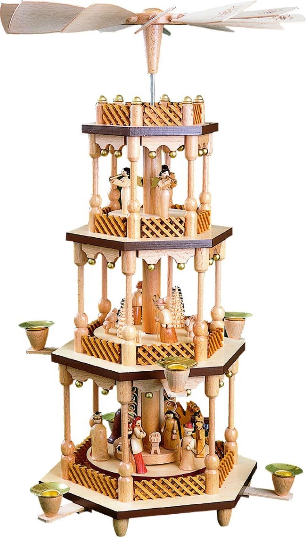 Richard Glaesser Weihnachtspyramide Heilige Familie natur 3-stöckig, Höhe 54cm, Handwerkskunst original Erzgebirge