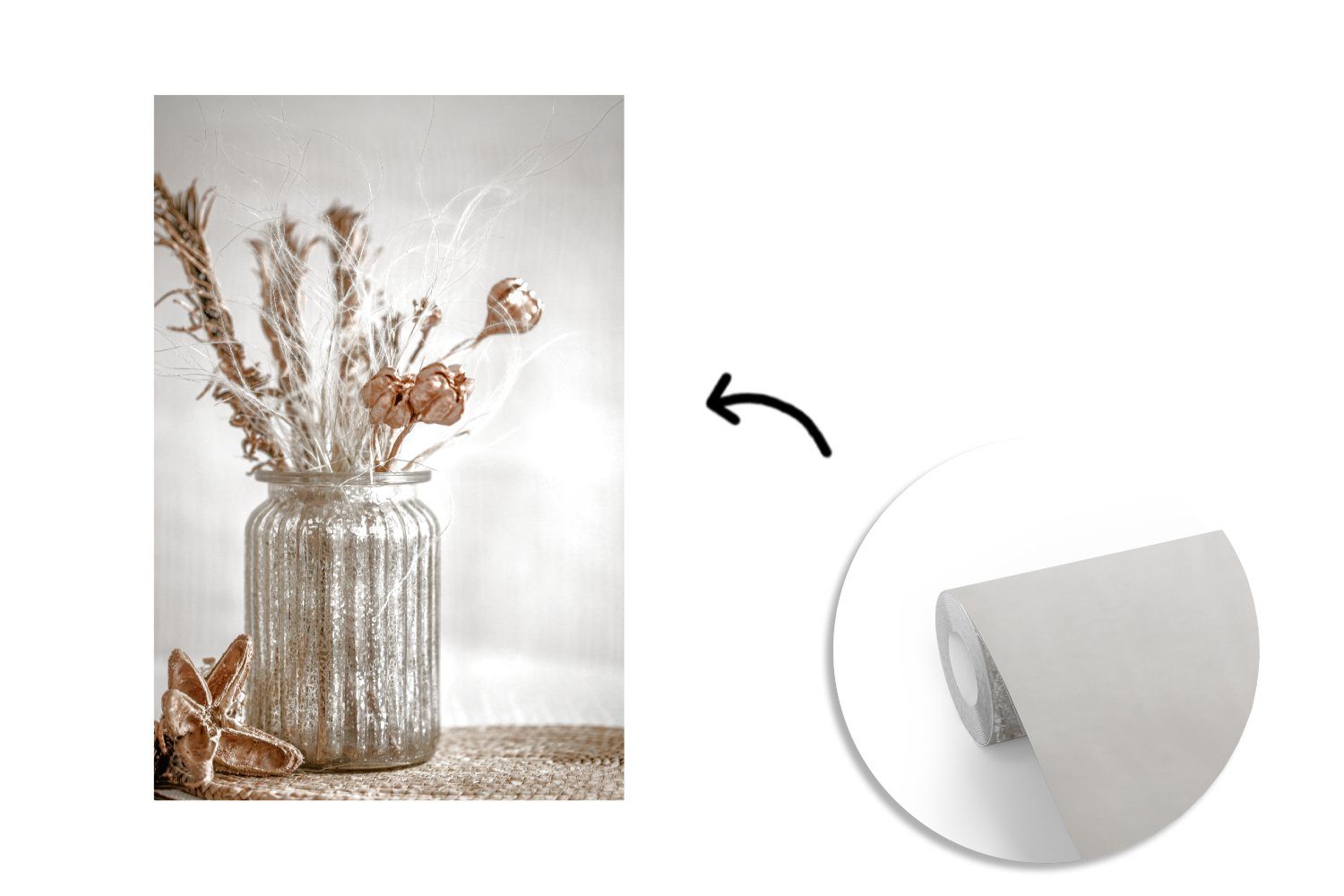 MuchoWow Fototapete Getrocknete Blumen Vinyl - Stilleben bedruckt, - Wandtapete Matt, Wohnzimmer, für (3 Vase, Montagefertig Tapete St)