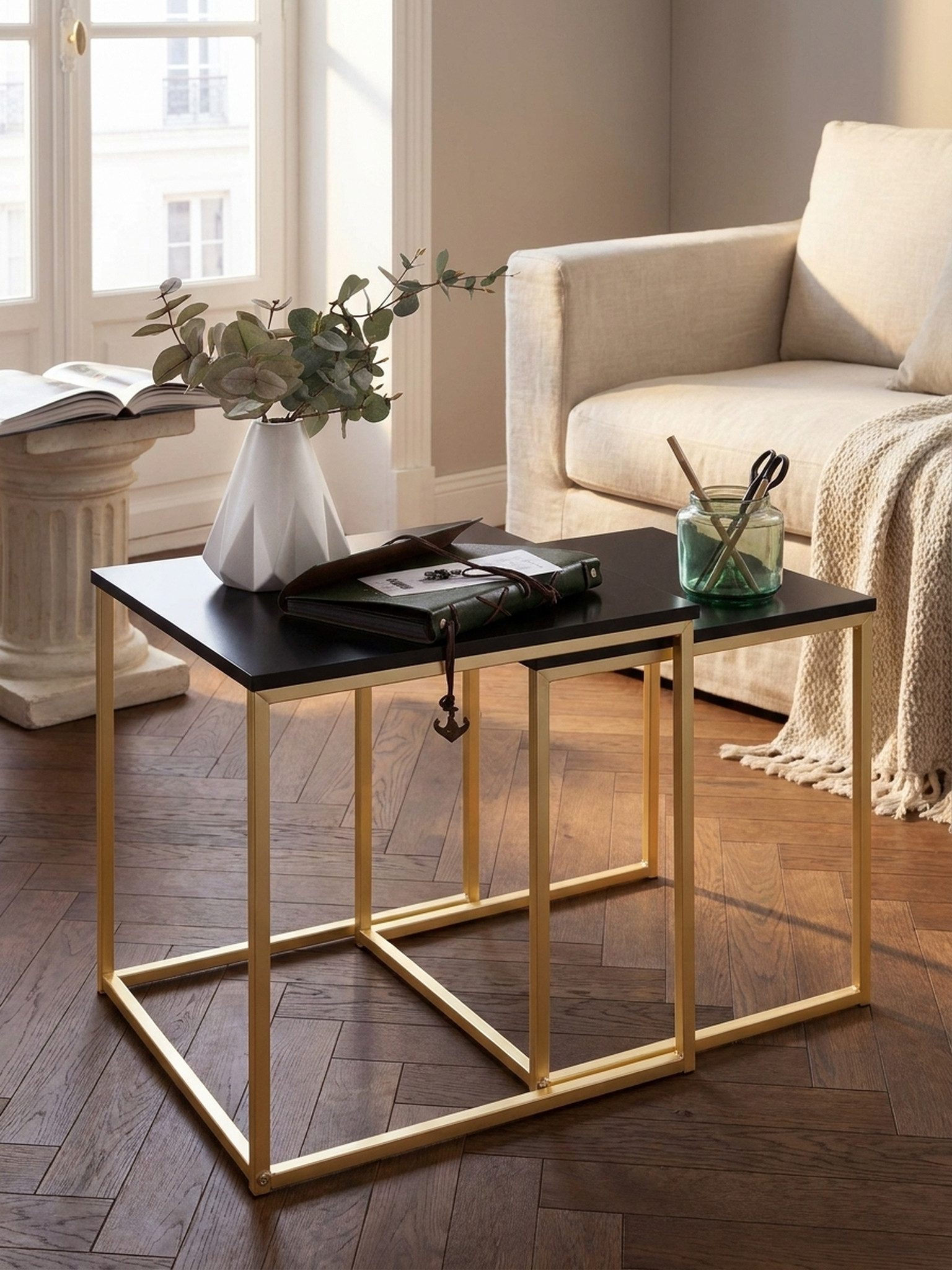 KADIMA DESIGN Satztisch Satztisch CHUR Schwarz / Gold Beistelltisch MDF / Metall, Couchtisch (Holzplatte, Ablagetisch modern), Set aus 2 Tischen, Kleiner Wohnzimmertisch, Metalltisch mit