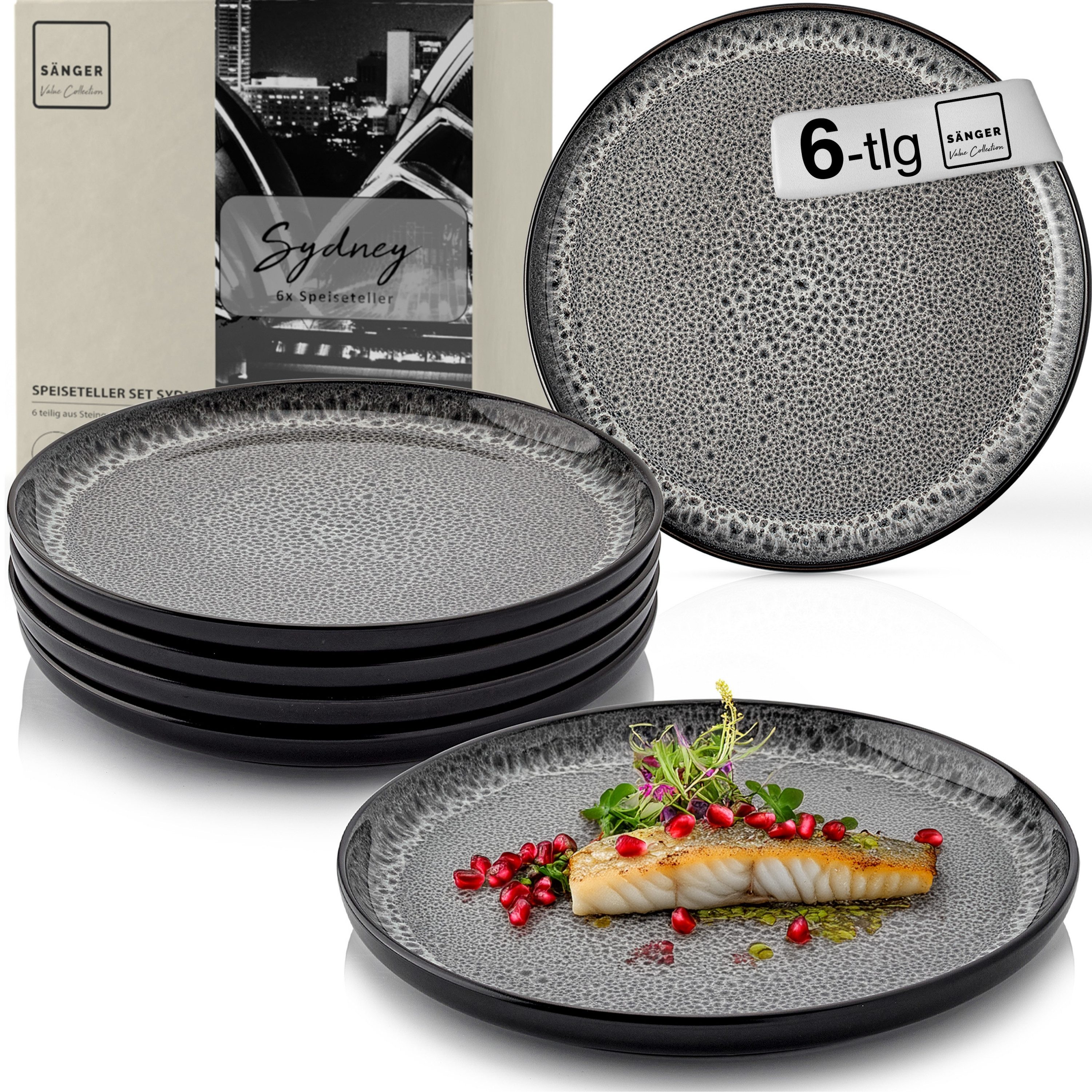 SÄNGER Teller Set Sydney, (6 St), 6 tlg. Speiseteller, Steingut, Grau, Handmade, VALUE COLLECTION