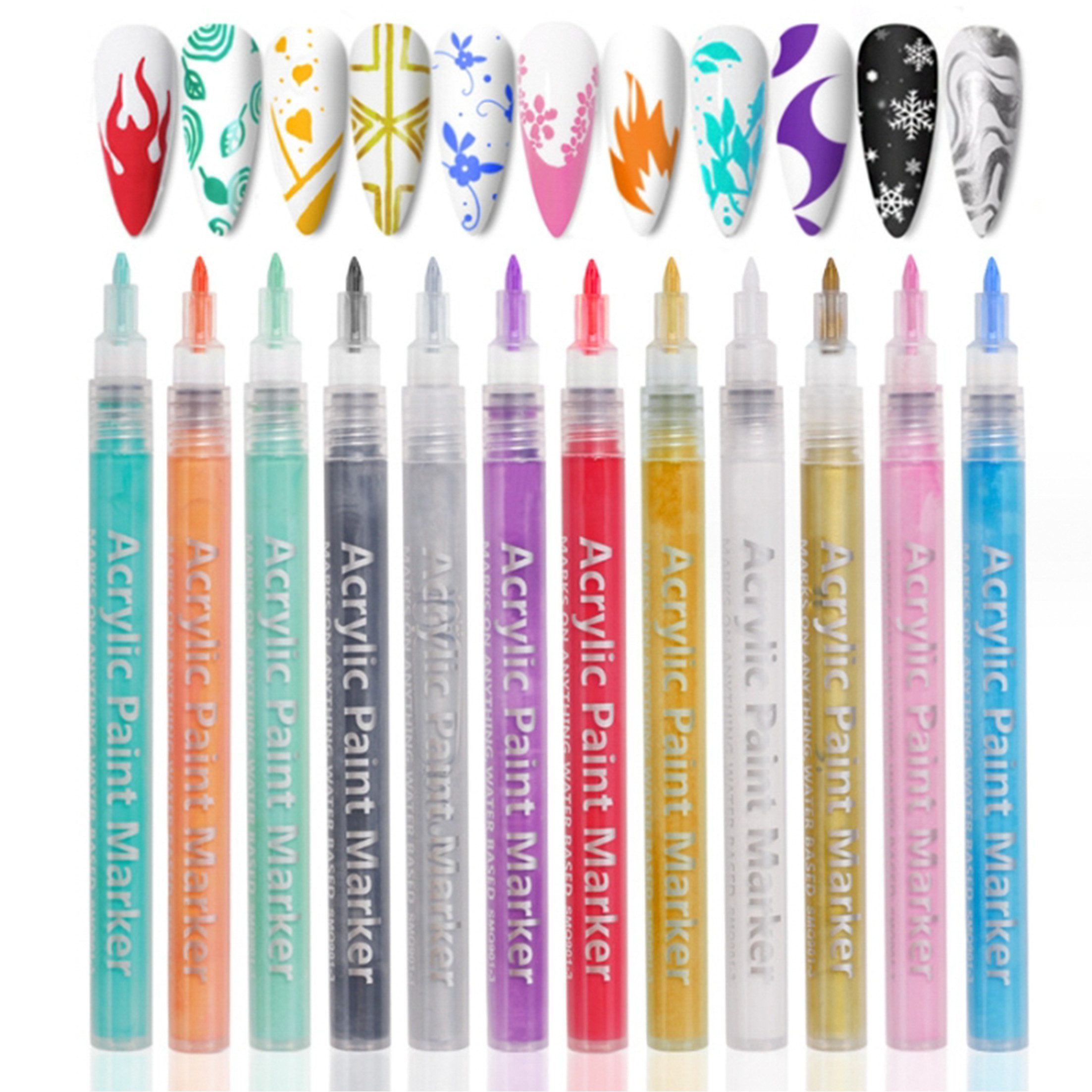 KINSI Nageldesign Zubehör 12er Set Acryl-Nagelmalerei-Stifte,DIY Nail Art Marker, 12-tlg., für Blumenmuster, Punkte & elegante Linien,Nageldesign-Farbstifte