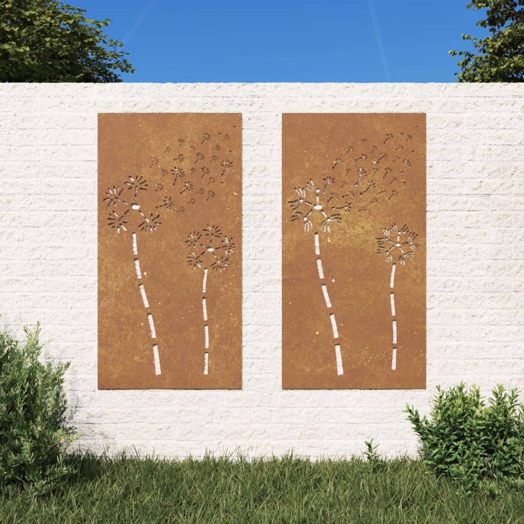 vidaXL Dekofigur NA 2-tlg Garten-Wanddeko 105x55 cm Cortenstahl Blumen-Design Gartendek