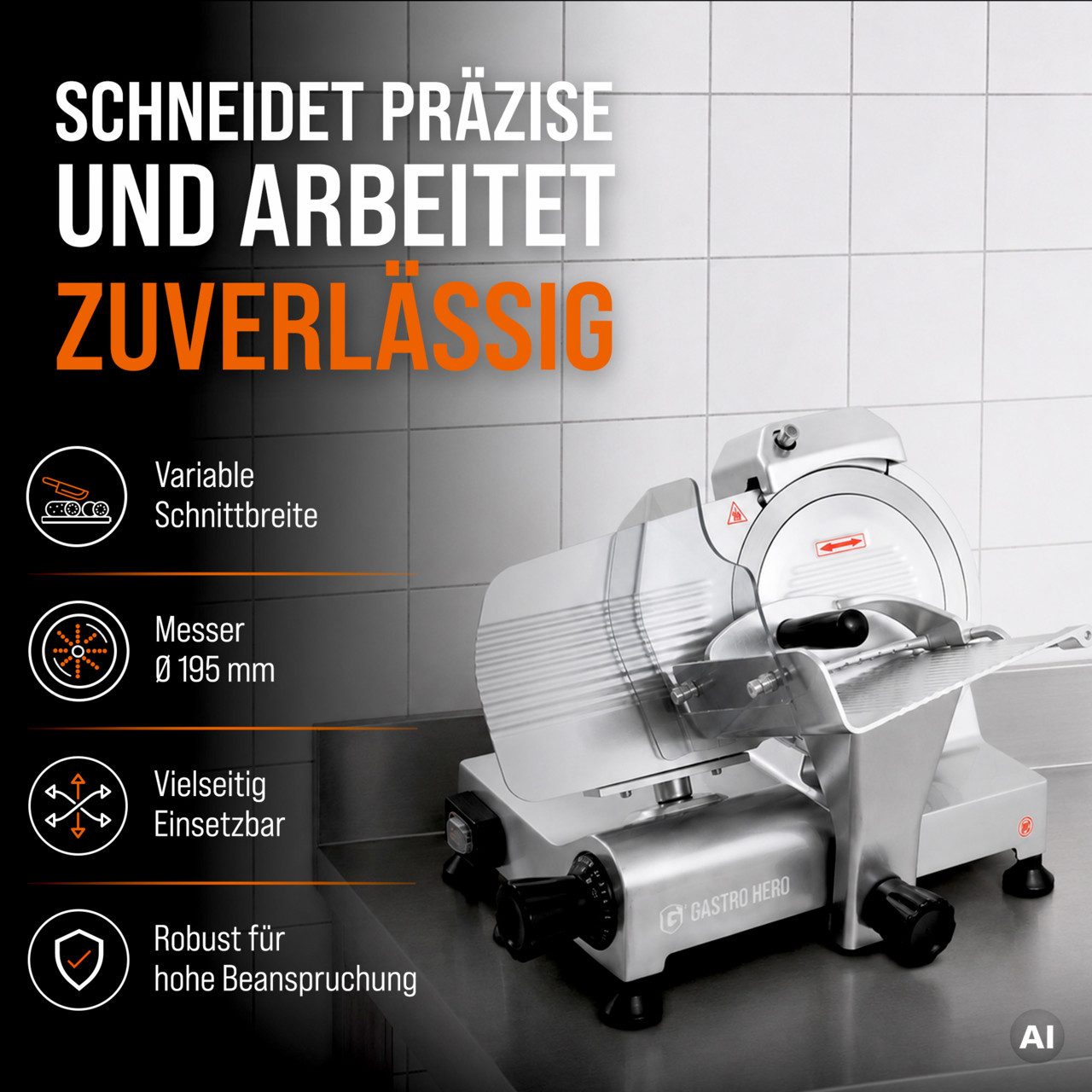 GastroHero Elektromesser Aufschnittmaschine ASM195, Wurstschneidemaschine, 120 W, Integrierter Schleifstein, Schuko-Stecker, kompakte Bauweise