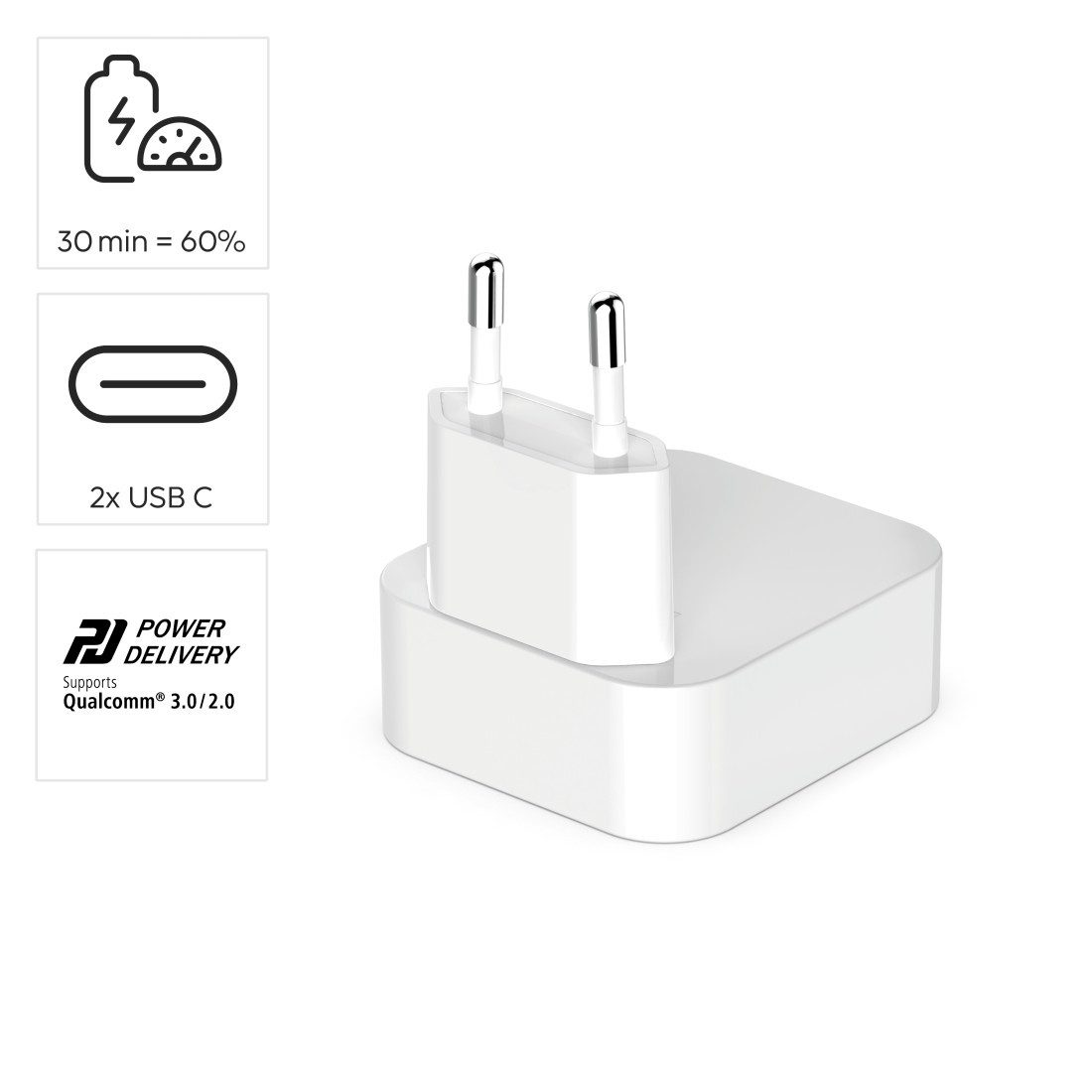 Hama faltbares Mini-Schnellladegerät, 40 Watt, GaN, 2xUSB-C, weiß Schnelllade-Gerät (2xUSB-C, Power Delivery, Fast Charge, GaN-Technologie, Eurostecker)