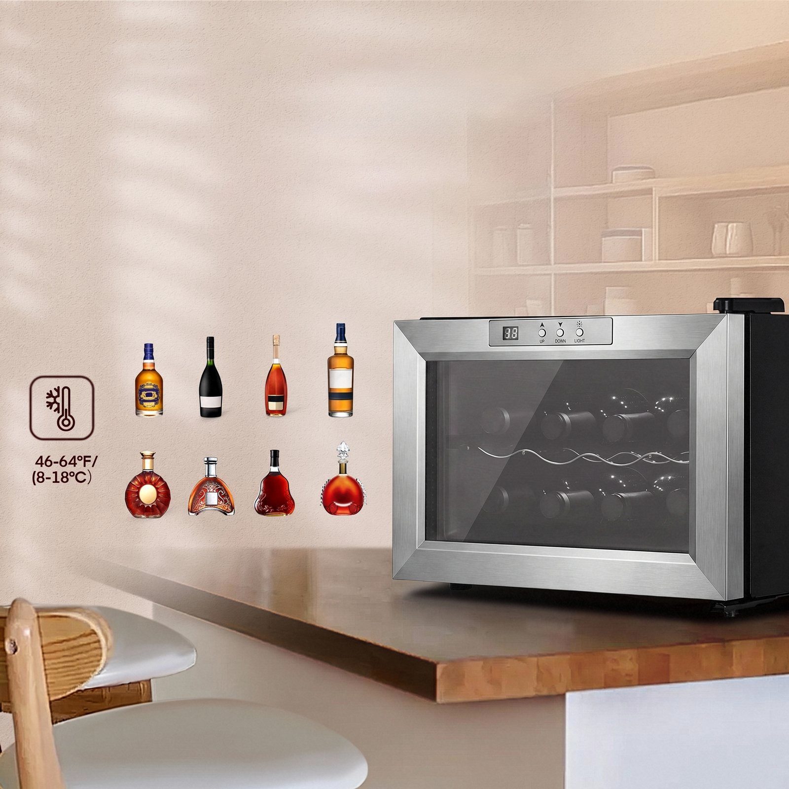 FOHERE Weinkühlschrank mit 22L Fassungsvolumen für 8 Flaschen Temperatur von 8°C bis 18°C,mit LCD und höhenverstellbare Füße