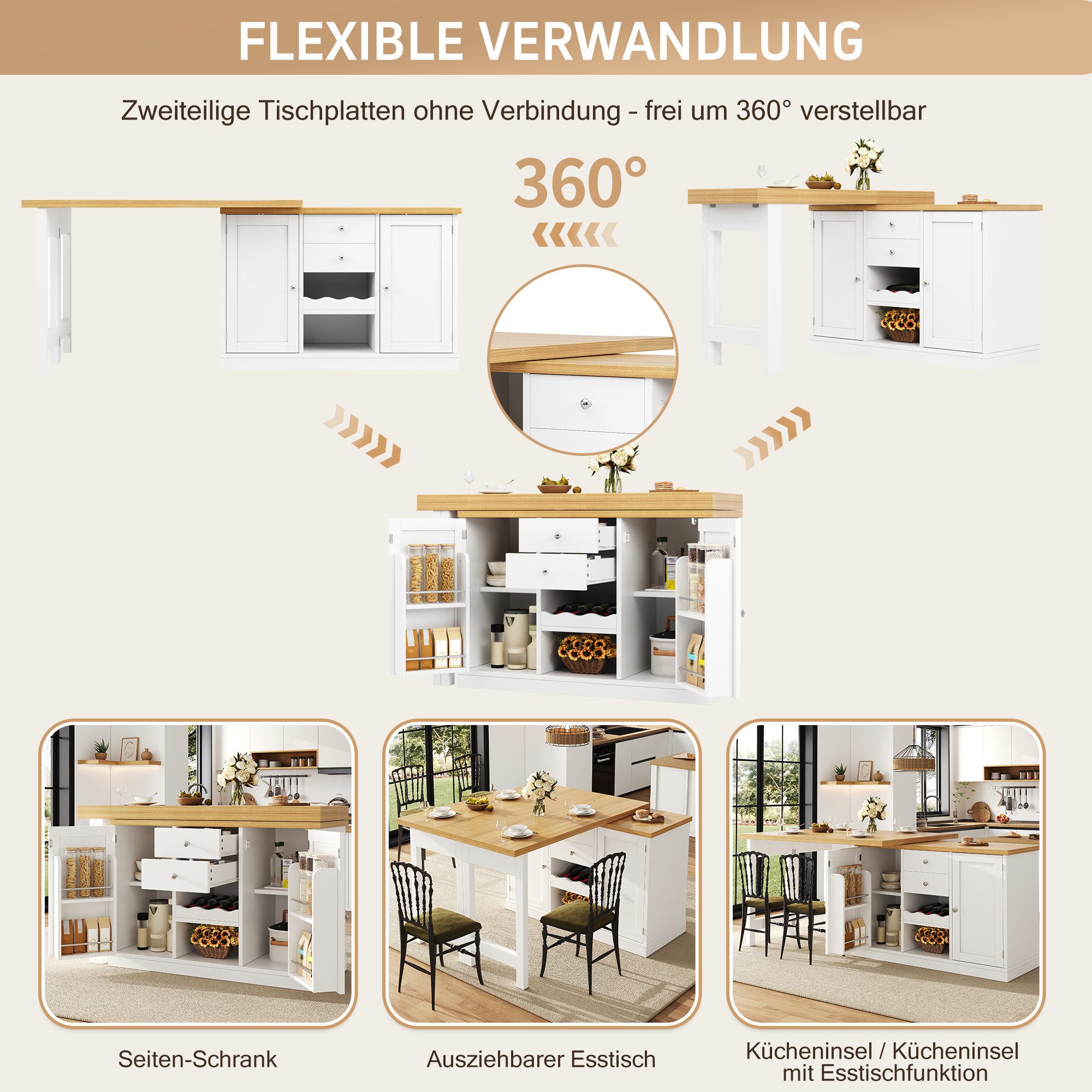 Celya Kücheninsel Ausziehbarer Esstisch 120-197cm, mit Weinregal und Snack-Regalen, (360° drehbar, mit 2 Schubladen und magnetische Türen), Ideal für Esszimmer, – Bild 5 von 5