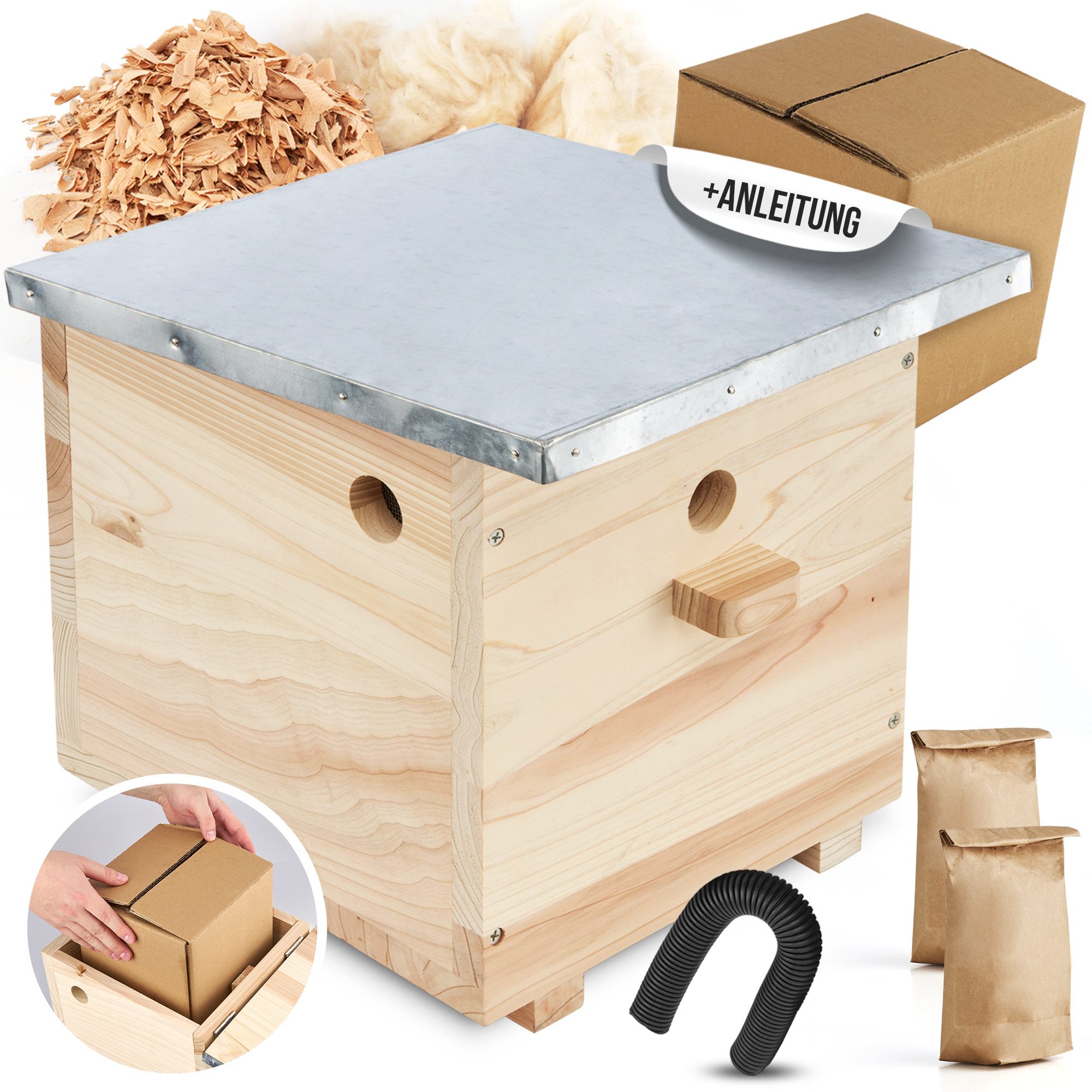 BEESI Insektenhotel Hummelhaus groß, (Packung, 1-St., inkl. Nistmaterial I Kapok, Nistkarton, Holzspäne), 32T x 26,8B x 31,5H cm