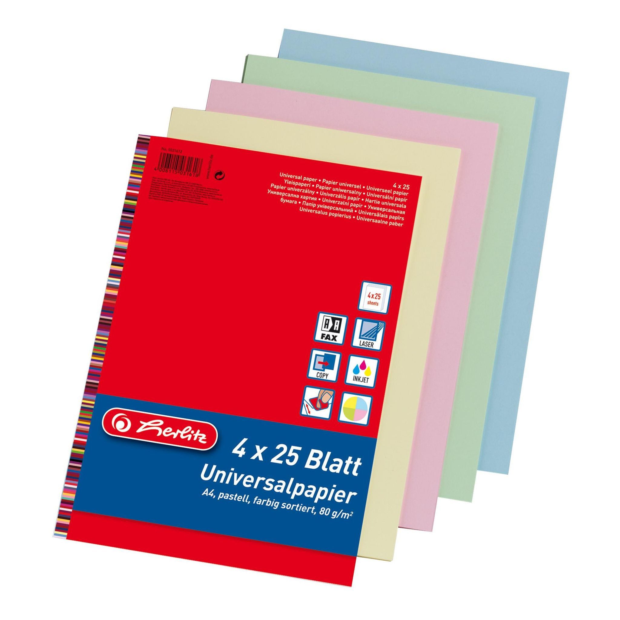 Herlitz Druckerpapier Herlitz Universalpapier A4 Colourmix100Bl. 80g je 25Bl. pastell rt bl
