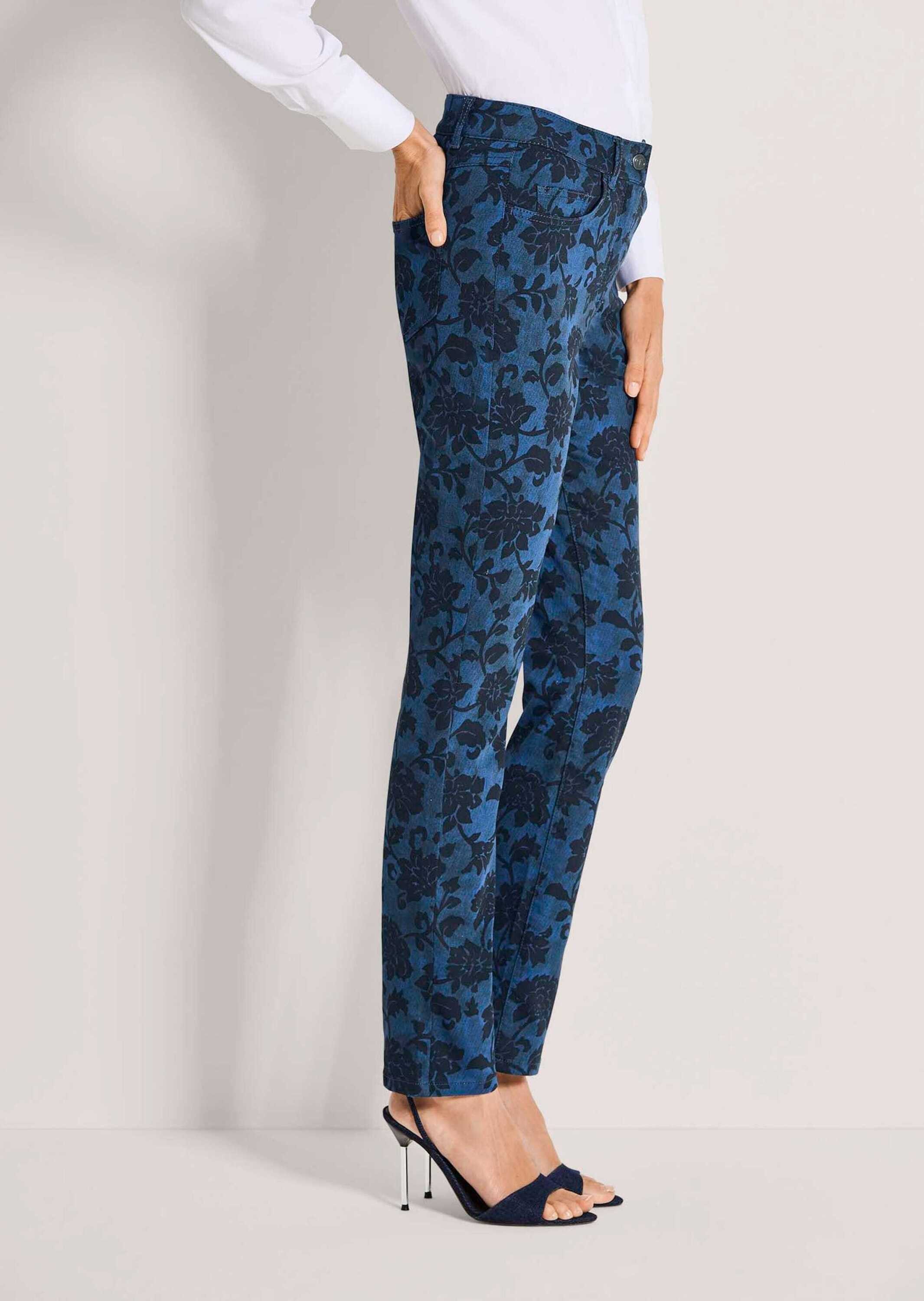 MADELEINE Stoffhose Baumwollhose mit floralem Print Jerseyhose mit Formbund, Gürtelschlaufen, Taschen und Knöchellänge