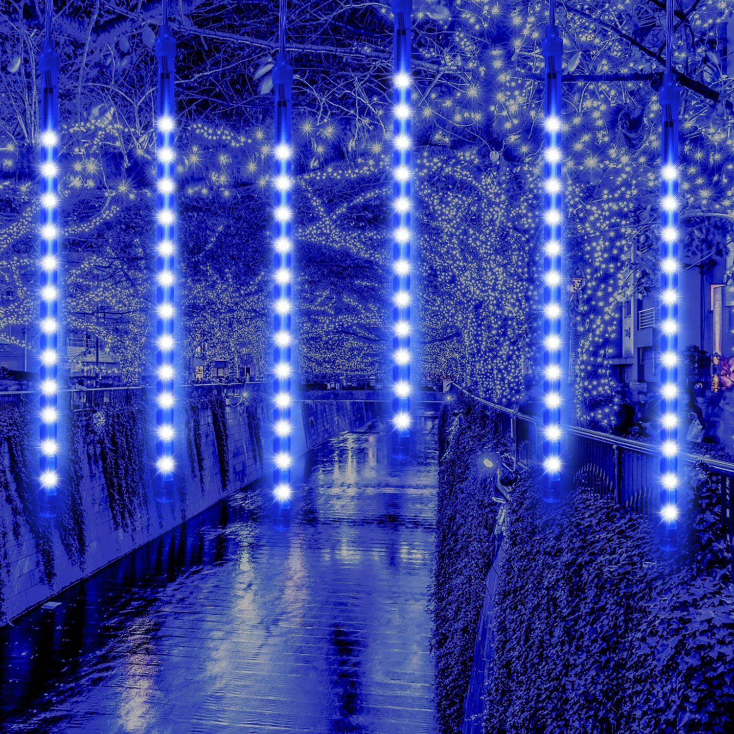 MUPOO LED-Lichtervorhang LED Meteorschauer-Lichterkette 30cm/50cm LED Lichterketten 8 Röhren, Niederspannung LED Fest Integriert 4.4/6M Wasser Dekora Blau
