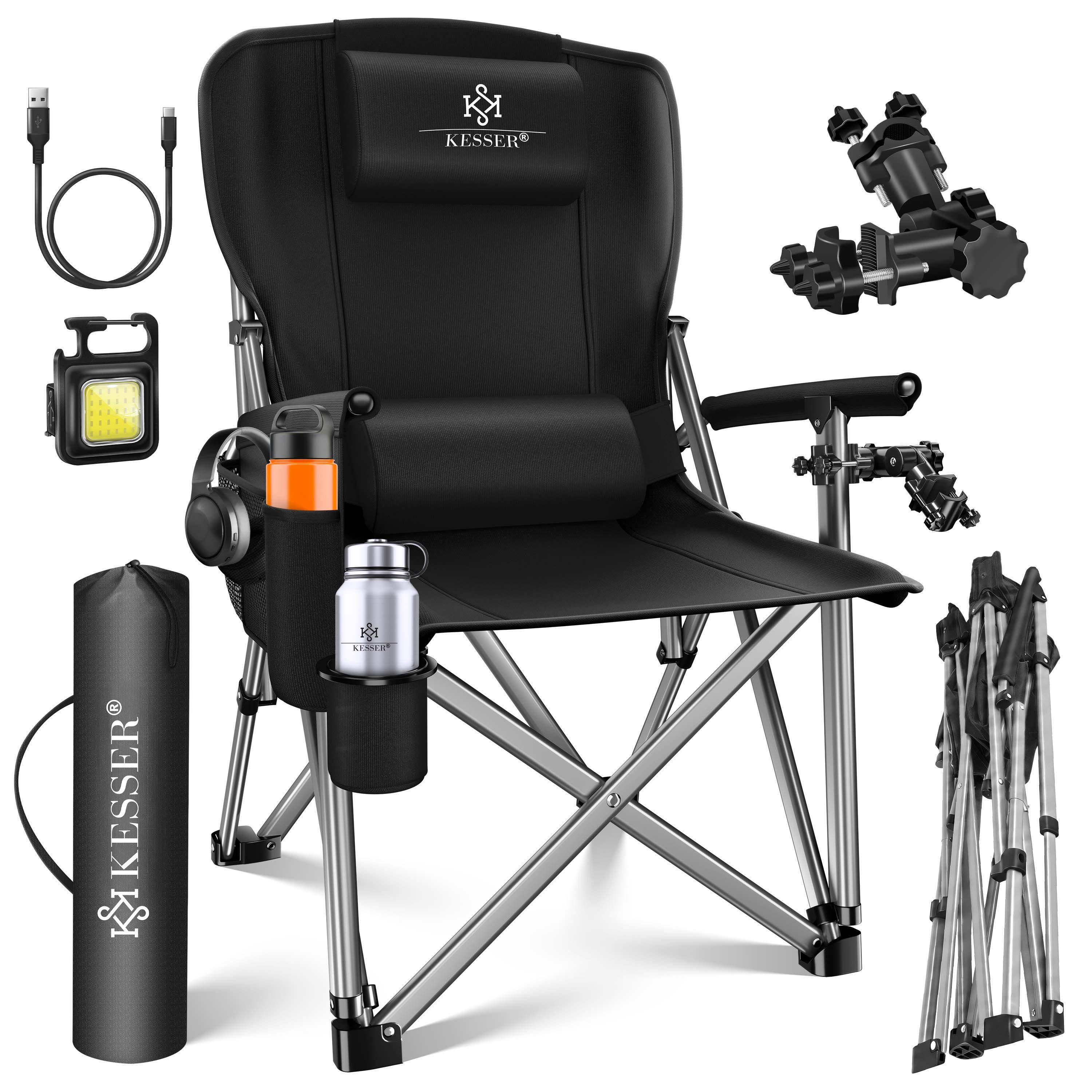 KESSER Campingstuhl (Strandstuhl mit hoher Rückenlehne + Tasche), Campingstuhl Inkl. Campinglicht, Angelhalterung und Getränkehalter