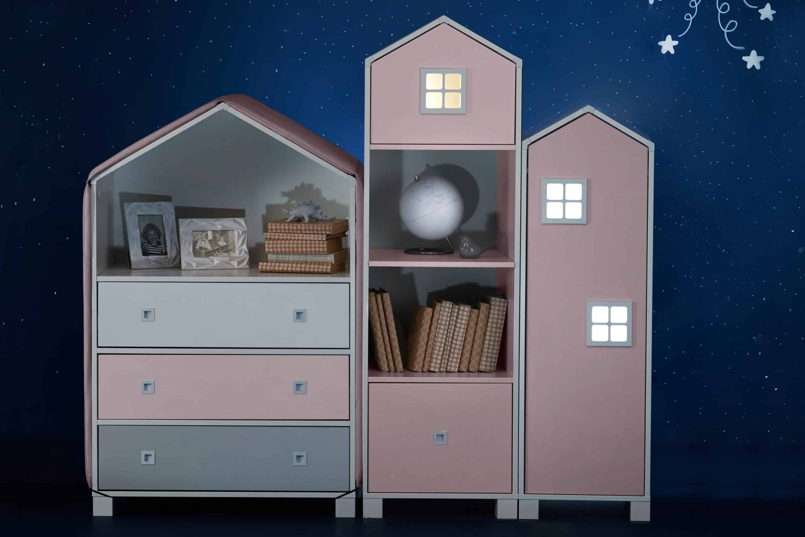Babyzimmer-Komplettset Bücherregal Komplett-Kinderzimmer, Kleiderschrank, MIRUM Kommode, Konsimo Kinderzimmer-Möbelset