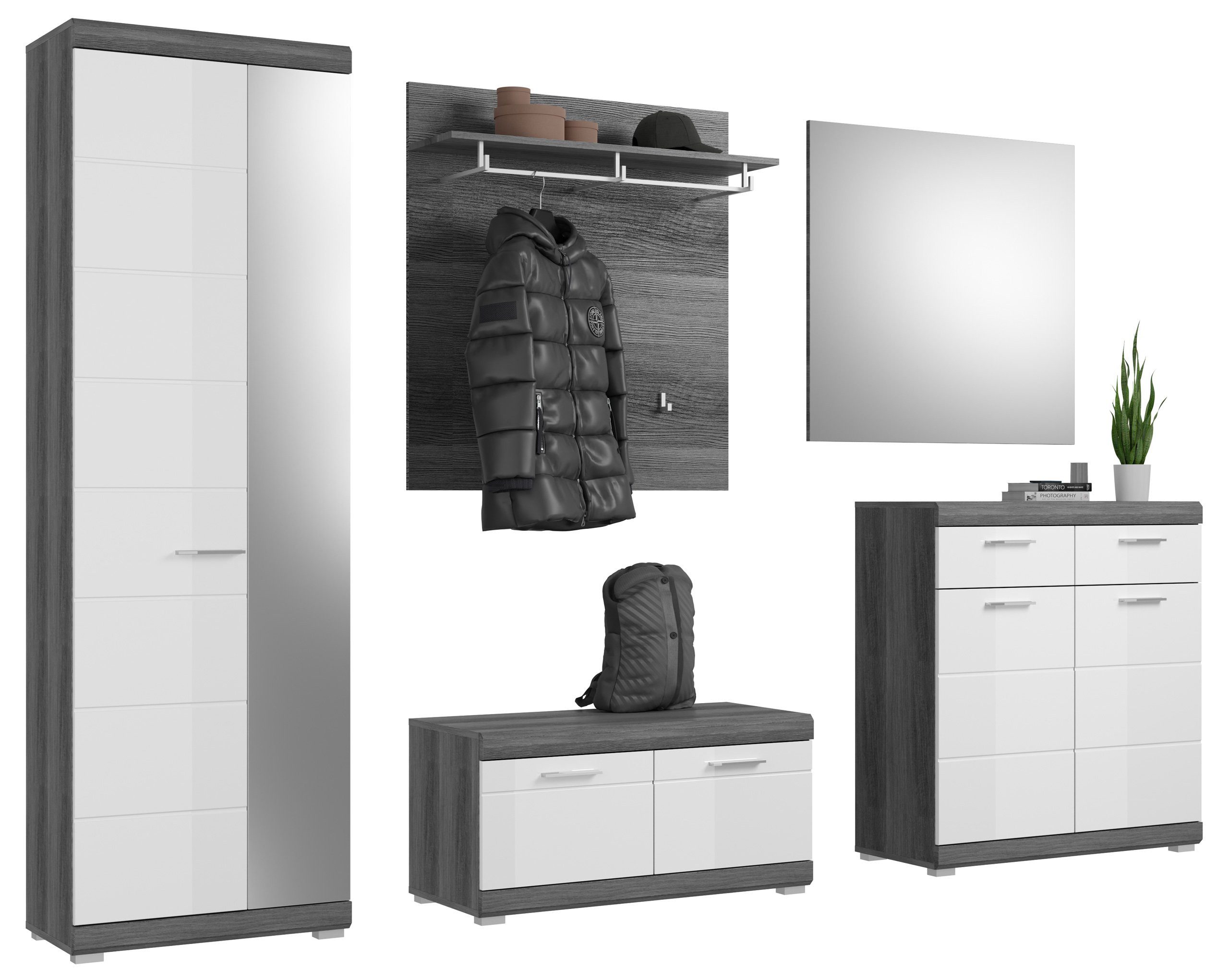 Newroom Garderoben-Set Rauchsilber 197 cm, Garderoben-Set Weiß Hochglanz Rauchsilber Flurmöbel Garderobensch...