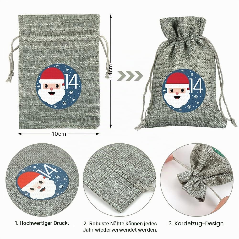 Bomiclss Adventskalender Adventskalender zum Befüllen 24 Jutebeutel Stoffbezug gedruckt, Wiederverwendbar, Weihnachtskalender Jutesäckchen – Bild 3 von 5