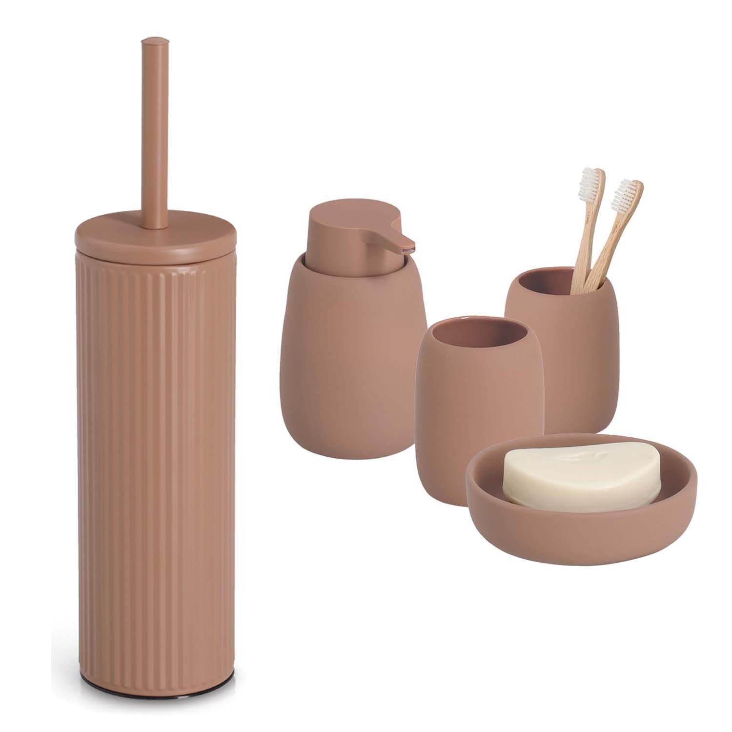 Zeller Present Badaccessoire-Set 5-teiliges Badaccessoire-Set - Keramik, Mocca, Set, 5 tlg., 5-tlg., stilvolle Riffelstruktur