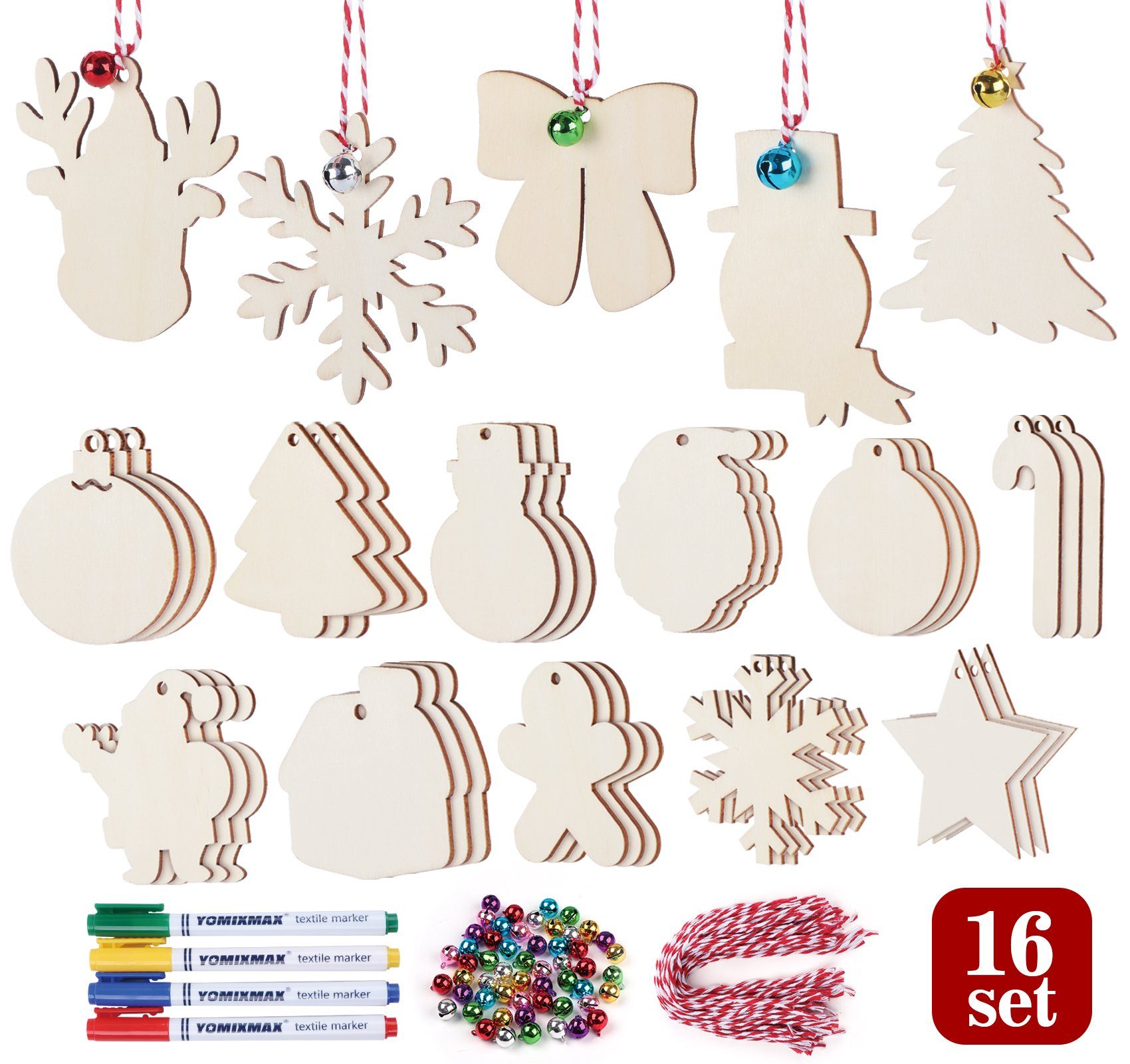 Homewit Christbaumschmuck 64tlg DIY Weihnachten unlackiert Holzornamente