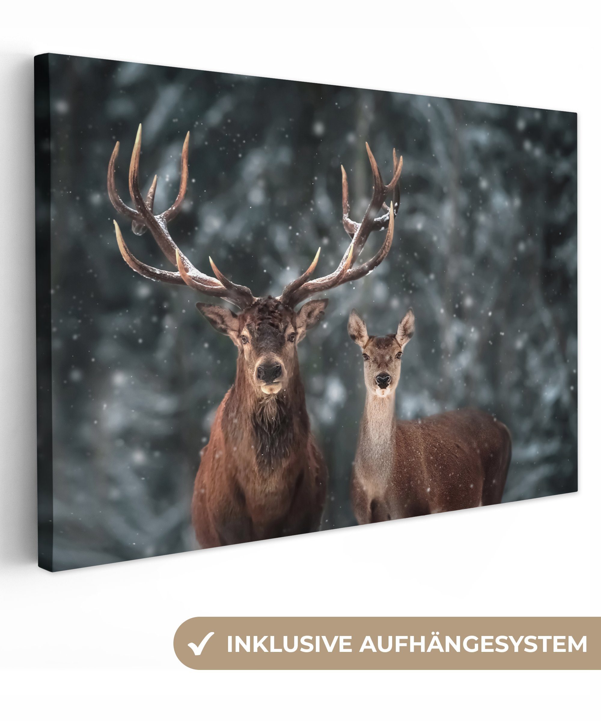 OneMillionCanvasses® Leinwandbild Hirsche - Tiere - Winter - Geweih - Schnee - Natur, Fotodruck (1 St), Leinwände Wanddeko Wohnzimmer Schlafzimmer 60x40 cm