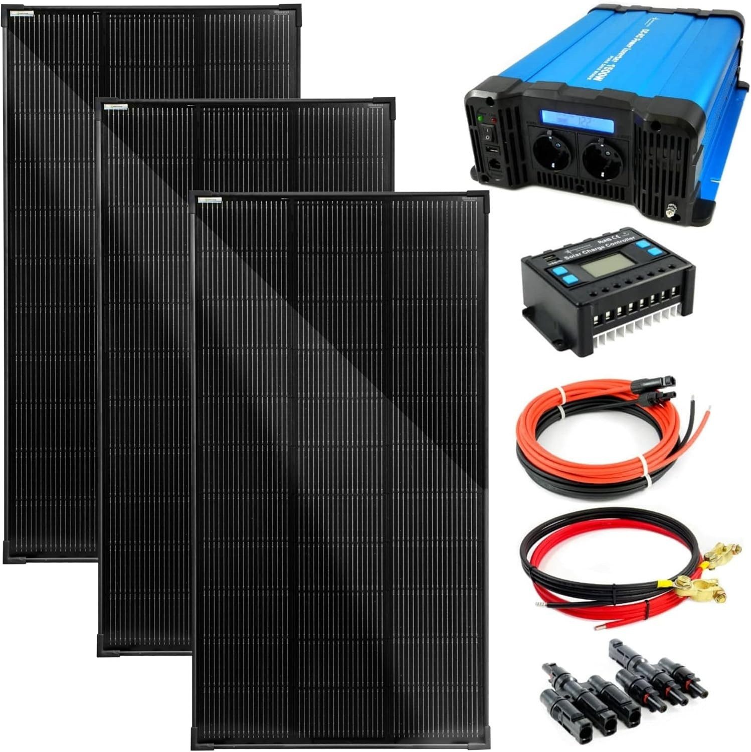 solartronics Solarmodul Komplettset: 120W Solarpanel 1500W Wandler 30A Laderegler Solarkabel, Monokristallin